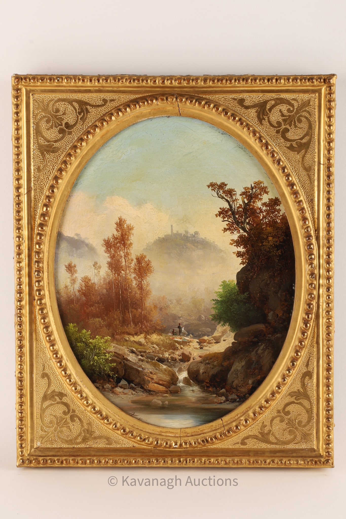 Guido Agostini Italian Oil on Board Tuscany River: Guido Agostini (Italy, 1865 – 1898) oil on paperboard, landscape river scene titled San Miniato al Tedesco (Tuscany), signed lower left, also signed on back Guido Agostini de Firenze with title, set