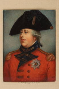 Antique Portrait Miniature Painting King George 3: Antique Signed Portrait Miniature Painting King George III after Sir William Beechey. Signed lower right corner, KOL. 3.5 inches H x 2.5 W within matting, frame measures 7.5 x 6.5 inches.