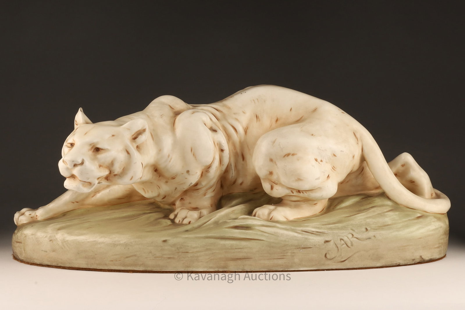 Art Nouveau Otto Jarl Large Porcelain Lioness: Art Nouveau Otto Jarl (1856-1915) Large Porcelain Prowling Lioness by Royal Dux. 21 inches L x 7.5 deep x 7.5 H.