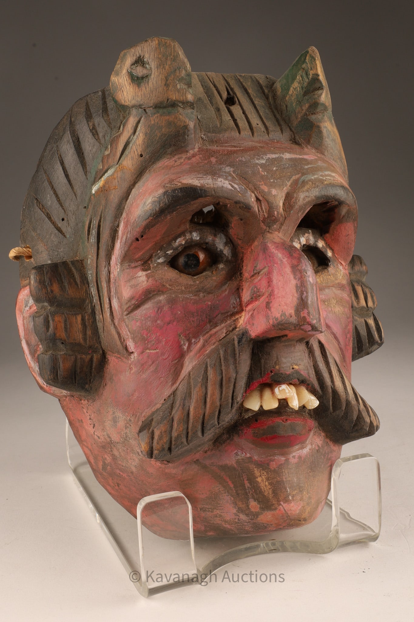 Folk Art Guatemalan Dance Mask with Embellishments: Folk Art Guatemalan Dance Mask with Embellishments. Added teeth and glass eyes at a later date. 8 inches H x 7 W x 5 deep.