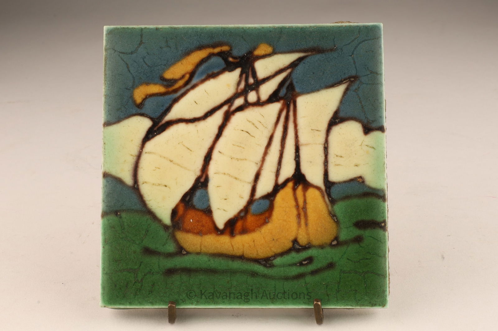 Antique Glazed Pottery Grueby Style Galleon Tile (1 of 5)