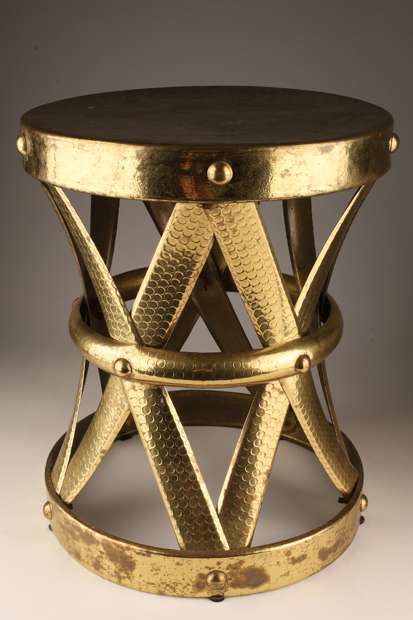 Mid Century Sarreid Brass Drum Stool: Iconic Sarreid Ltd Hammered brass drum stool, from the 1970s. 14.75 inches H x 12 Diameter
