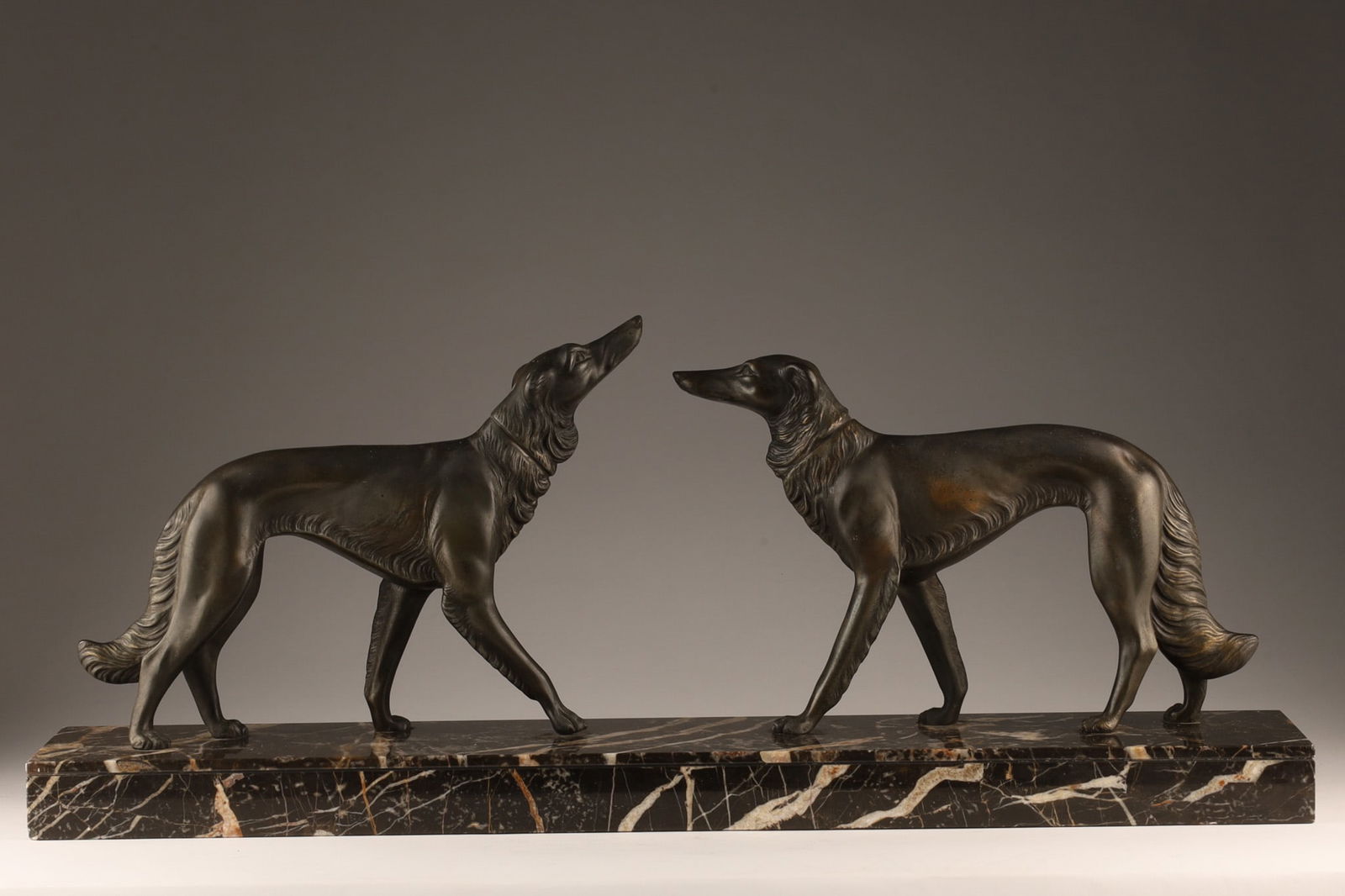 French Art Deco Sculpture Alsatian Dogs on Marble: French C. 1930s Art Deco Statue Of Two Patinated Spelter Dogs / Alsatians on a marble base. H 11 inches x W 27 x D 5.5.