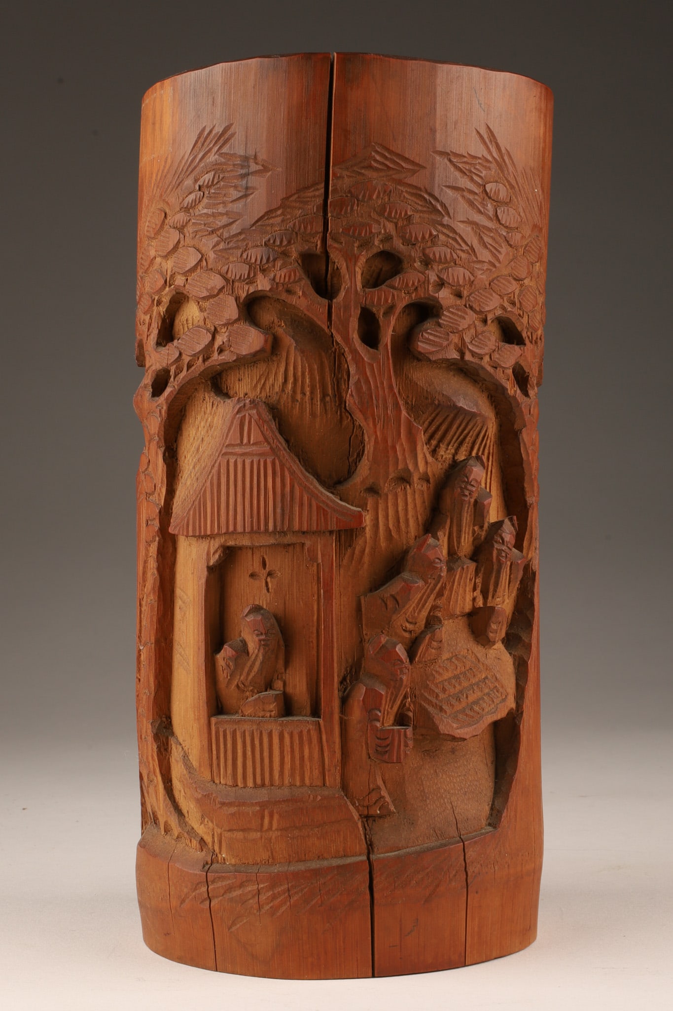 Chinese Carved Bamboo Brush Pot Figures in Forest: Chinese Carved Bamboo Brush Pot Figures in Forest. 8.5 inches H x 4.25 W.