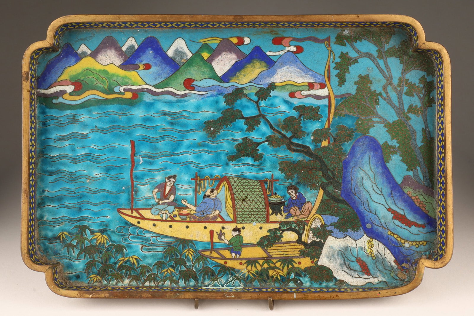 Antique Chinese Japanese Cloisonne Tray Landscape: Antique Chinese Japanese Cloisonne Enamel Tray depicting figures on a boat with mountains in background. 12.5 inches L x 8.25 x 1 H.