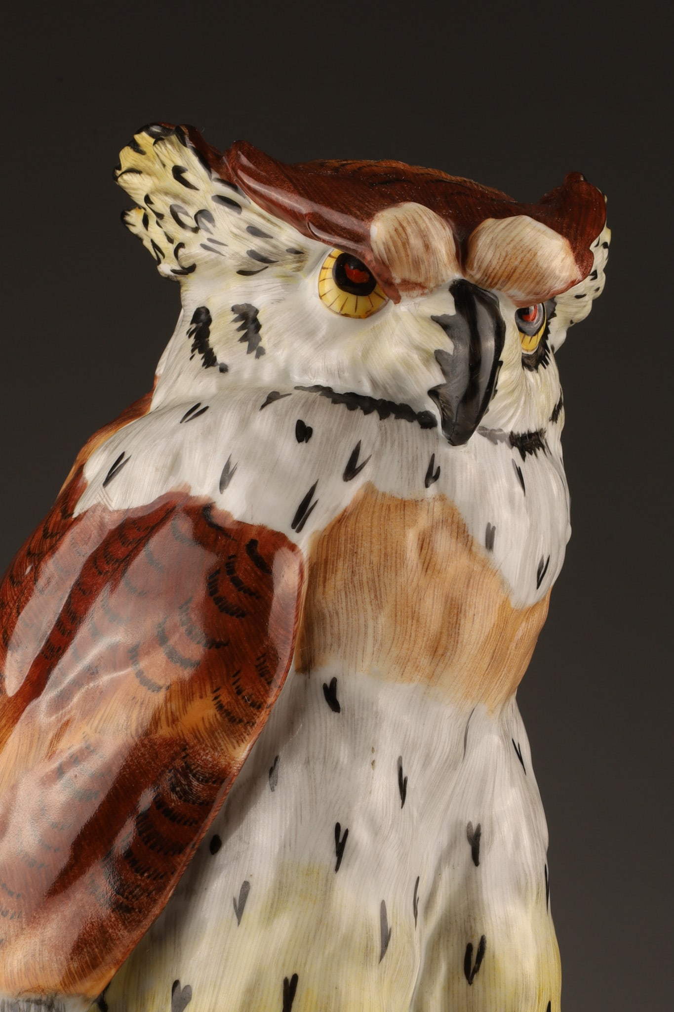 Antique Dresden Porcelain Barn Owl Sculpture: Antique large hand-painted porcelain barn owl sculpture by Dresden. 14 inches H x 7.5 W.