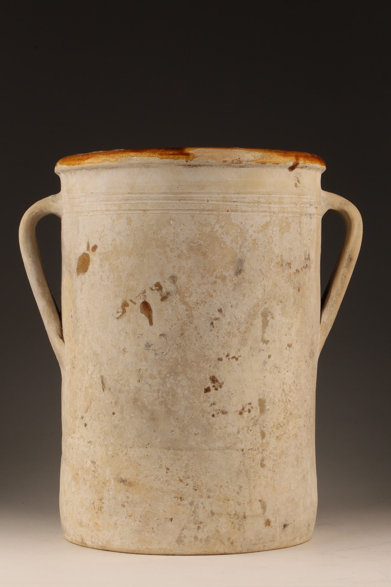 Antique Italian Ceramic Chiminea Preserve Pot: Antique Italian Ceramic Chiminea Preserve Pot with Handles with Glazed Interior. Some loss to interior, measures 12 inches H x 8 W, 10 inches W with handles.