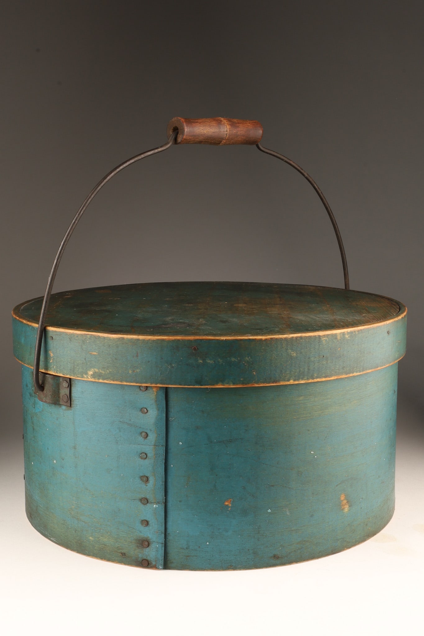 Antique Blue Bentwood Pantry Box Wire Handle: Antique Primitive Round Blue Bentwood Pantry Box With Lid Bail Wire Handle. 12 inches diameter x 6 H, excluding handle.