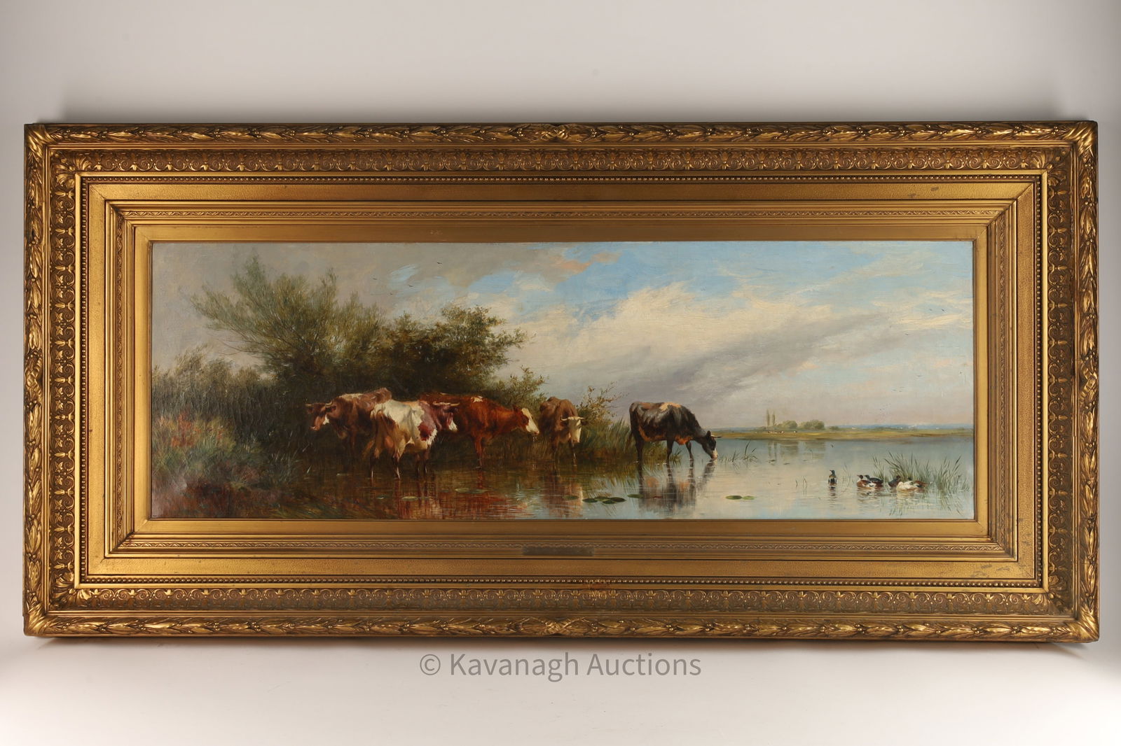 Thomas Francis Wainewright (England) Grazing Cows: Thomas Francis Wainewright (United Kingdom, 1794 - 1883) Large Landscape Painting of Grazing Cows on a riverbank with ducks, Oil on Canvas, Titled The Polderland, Holland. Canvas measures 14 inches H