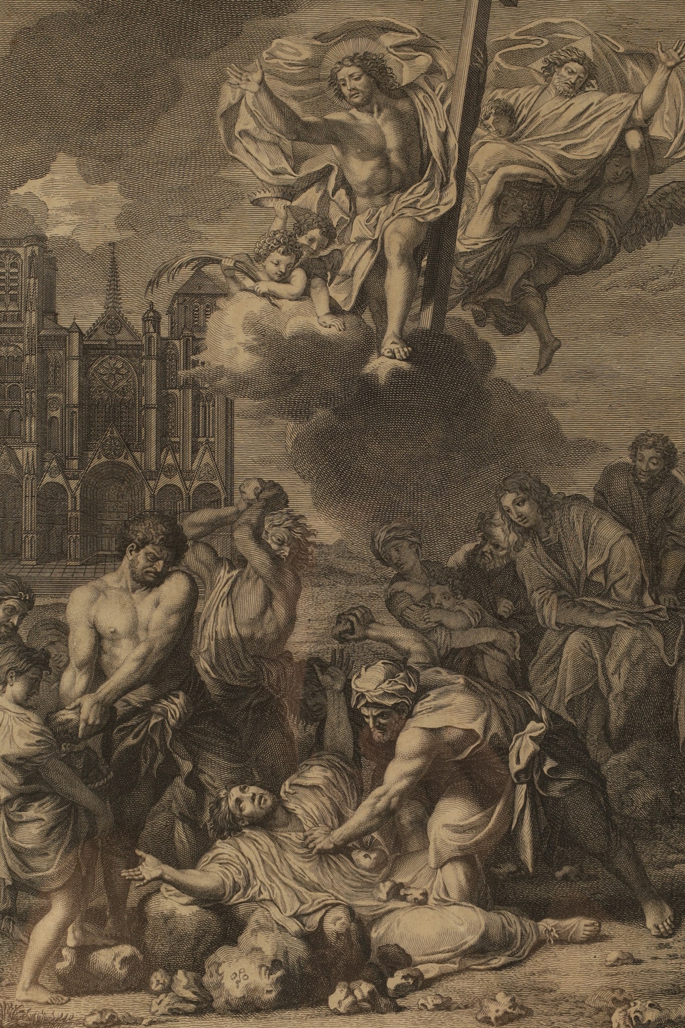 Charles Le Brun Engraving Martyrdom Saint Stephen: After Charles Le Brun (French, 1610 - 1690) Painting, Engraving of the Martyrdom of Saint Stephen, the First Saint by Nicolas Jean Baptiste de Poilly (French, 1707 - 1780). 12.5 inches H x 8 W within
