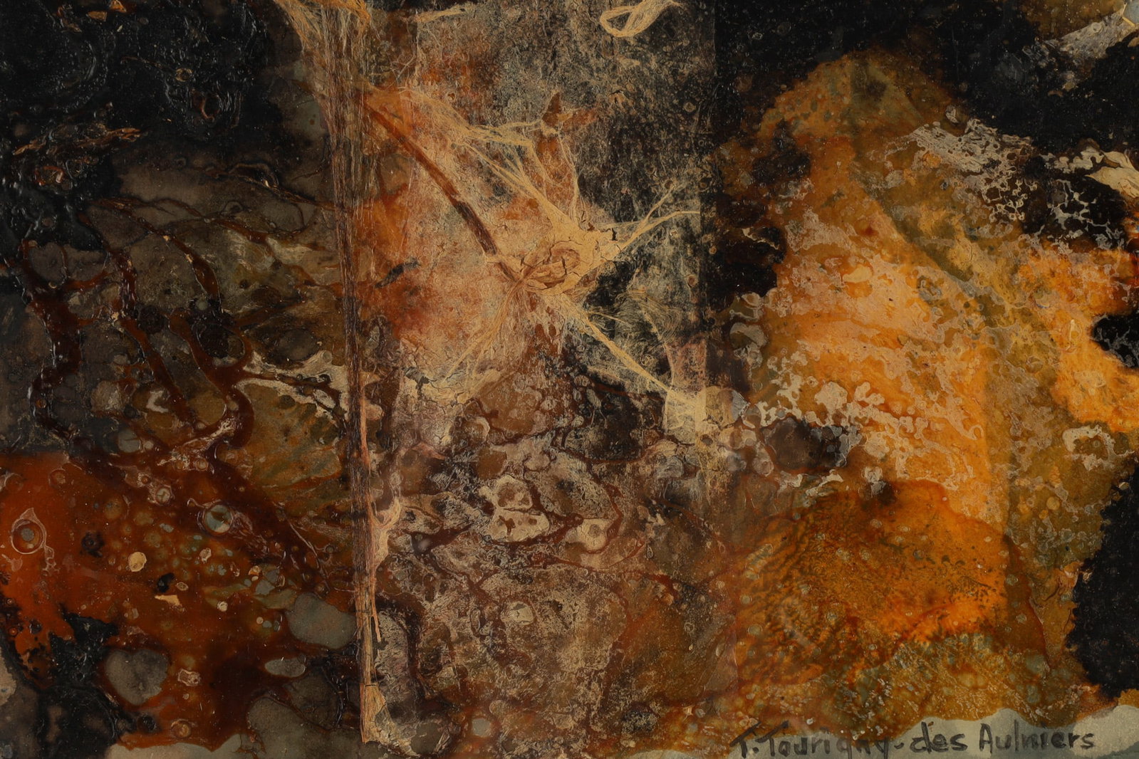 Therese Tourigny des Aulniers Abstract Composition: Therese Tourigny des Aulniers, (Canadian, b. 1927) Mixed Media Abstract Composition titled Pour Une Vibration. Signed lower right, signed and titled on verso. 9 inches H x 11 W, frame measures 16 x 20
