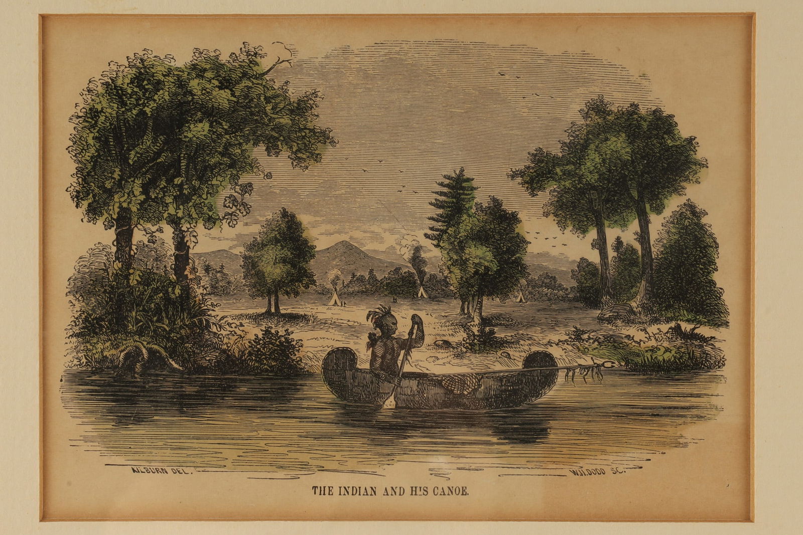 Antique Engraving, Indian and His Canoe W. Kilburn: Antique Hand Tinted Engraving by William H. C. Dodd, Titled The Indian and His Canoe by William Kilburn (1745-1818, Artist). Image measures 4.5 inches H x 6.5 W within matting, frame measures 9.75 x 1