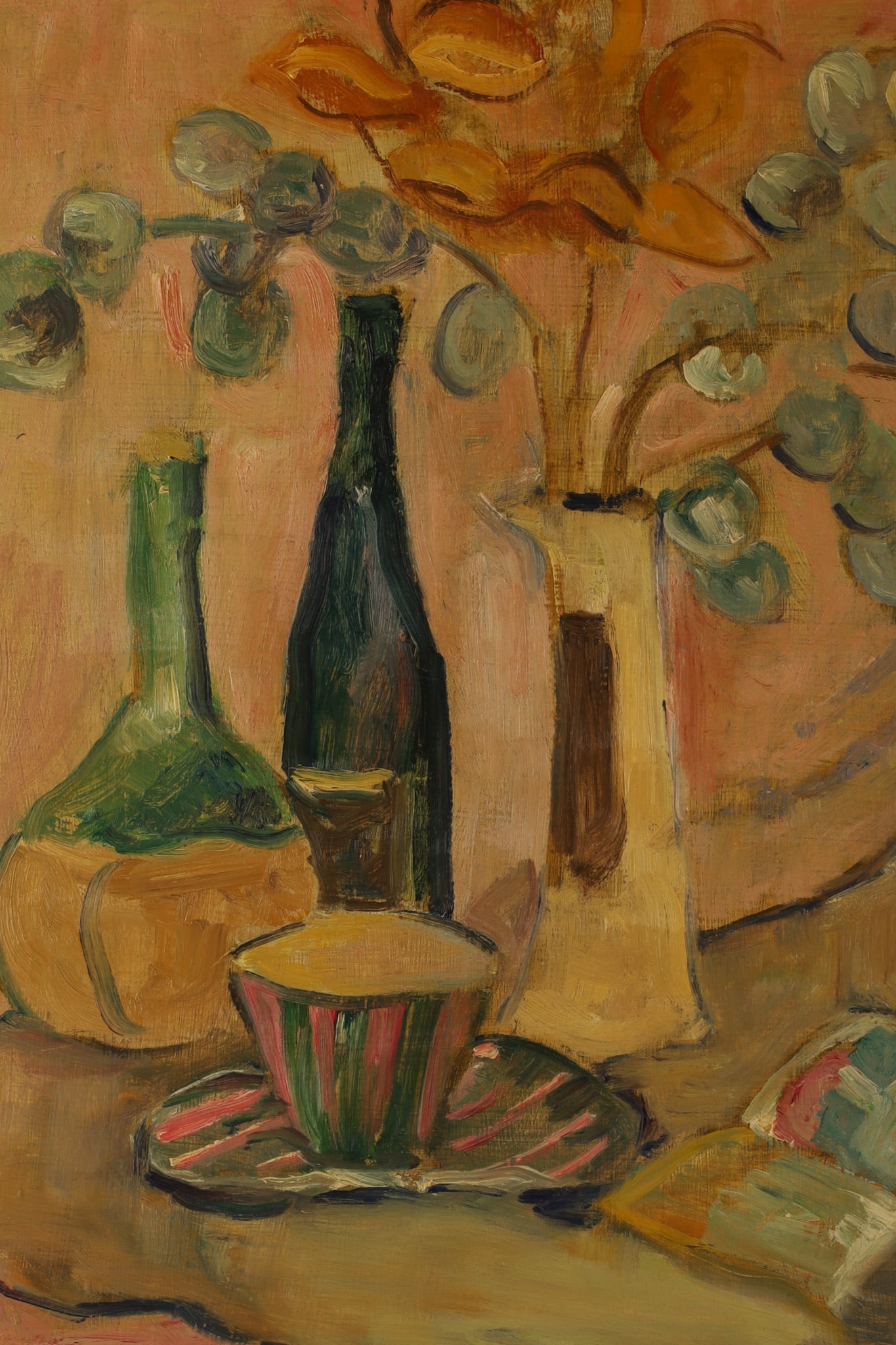 MCM Impressionist Still Life Painting Signed: Mid Century Impressionist Still Life Study, Oil Painting Signed J. Goldwater (lower left). Painted on masonite, measures 20 inches H x 16 W, frame measures 26 x 22 inches.