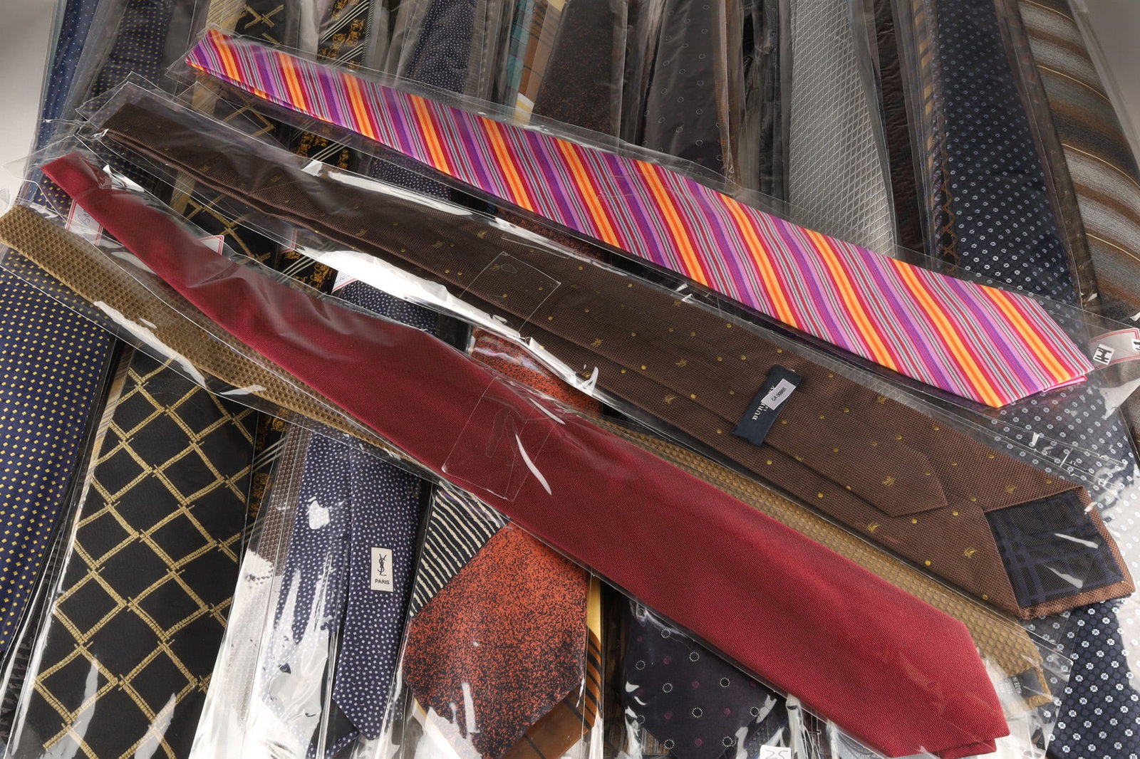 Very Large Lot Designer Ties Hermes Burberry Dior: Very Large Lot of Approximately 170 Designer Ties comprised of 35 Brioni ties (many with matching handkerchiefs), 3 Burberry ties, 6 Canali ties, 2 Hermes ties, 3 Kiton ties, 10 Zegna ties, 8 Armani t