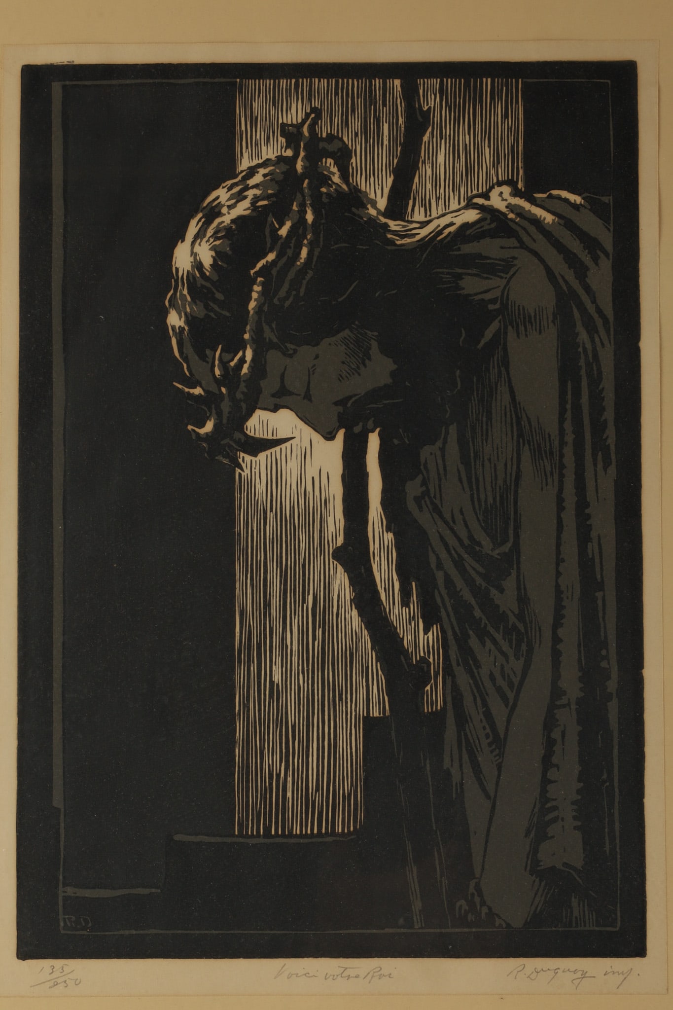 Rodolphe Duguay Engraving Voici Votre Roi: Rodolphe Duguay (Canadian, 1891-1973) Engraving of Jesus Christ Wearing The Crown of Thorns, titled Voici Votre Roi. Signed, titled and numbered, 135/250 in pencil along lower margin. Paper measures 1