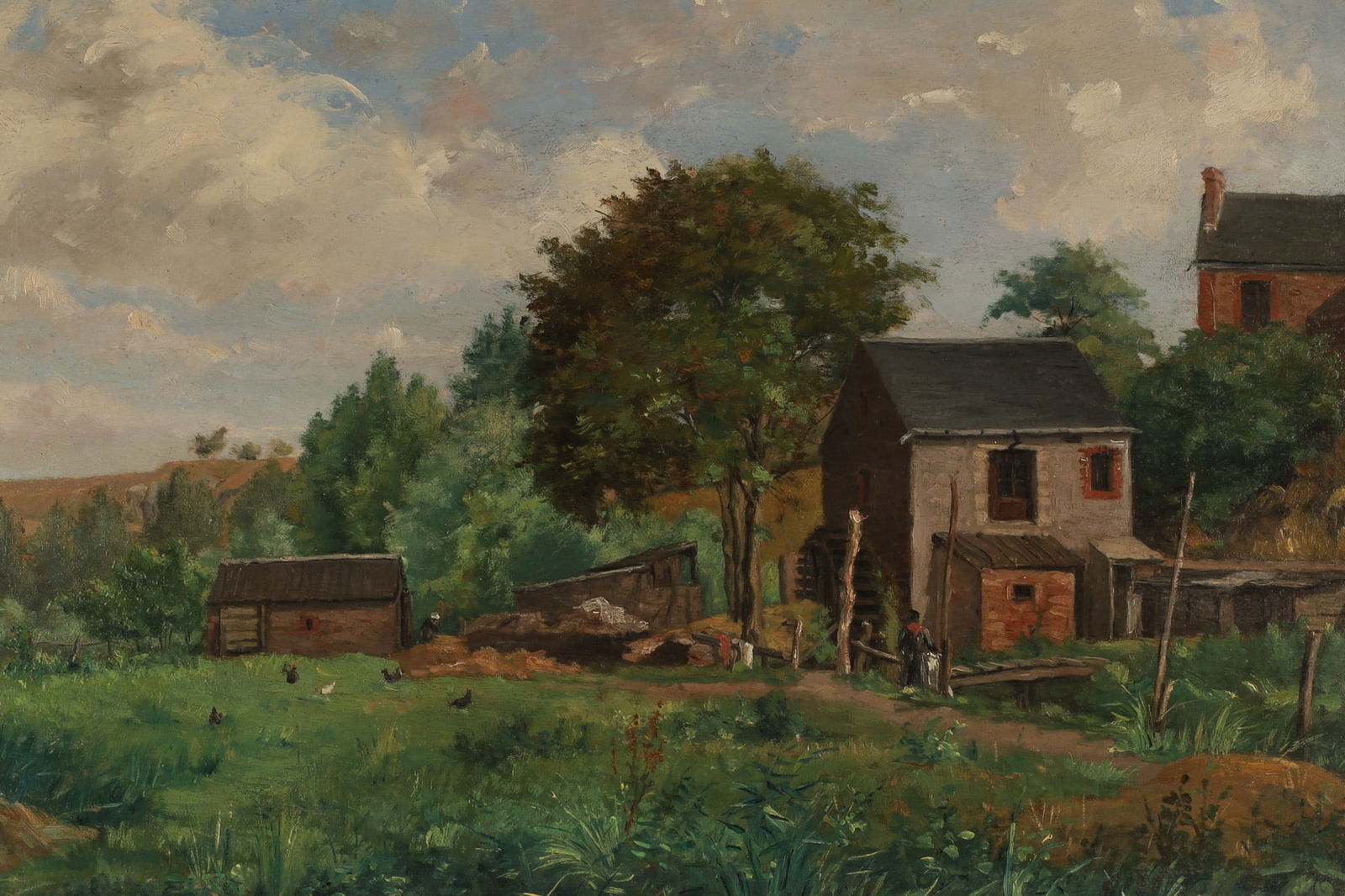 19th C Oil On Panel Signed Farmyard Landscape: 19th C Dutch School Oil On Panel Signed Farmyard Landscape. Illegibly signed lower left, dated 85. Old wood panel measures 13 inches H x 24 W, frame measures 17.5 x 28.5 inches.