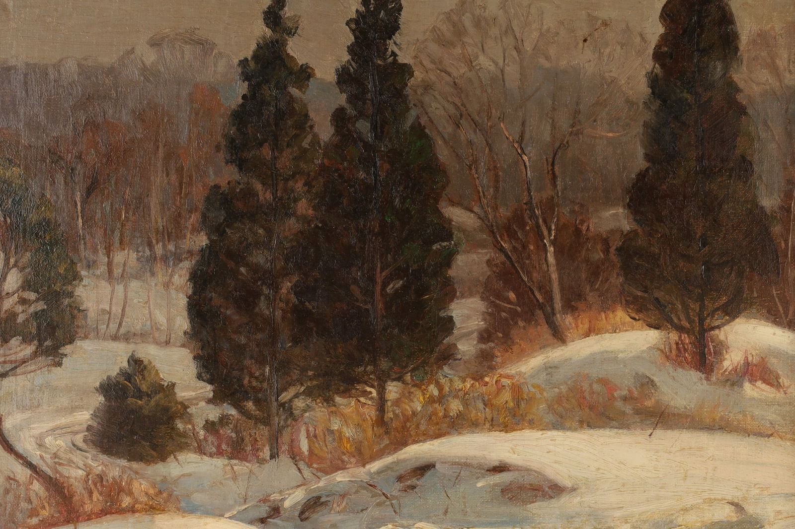 George Gardner Symons Painting Winter Landscape: George Gardner Symons (American, 1863 - 1930) Oil on Canvas, Winter Forest Landscape. Signed lower left, measures 16 inches H x 20 W, has been relined. Frame measures 22 inches x 26.