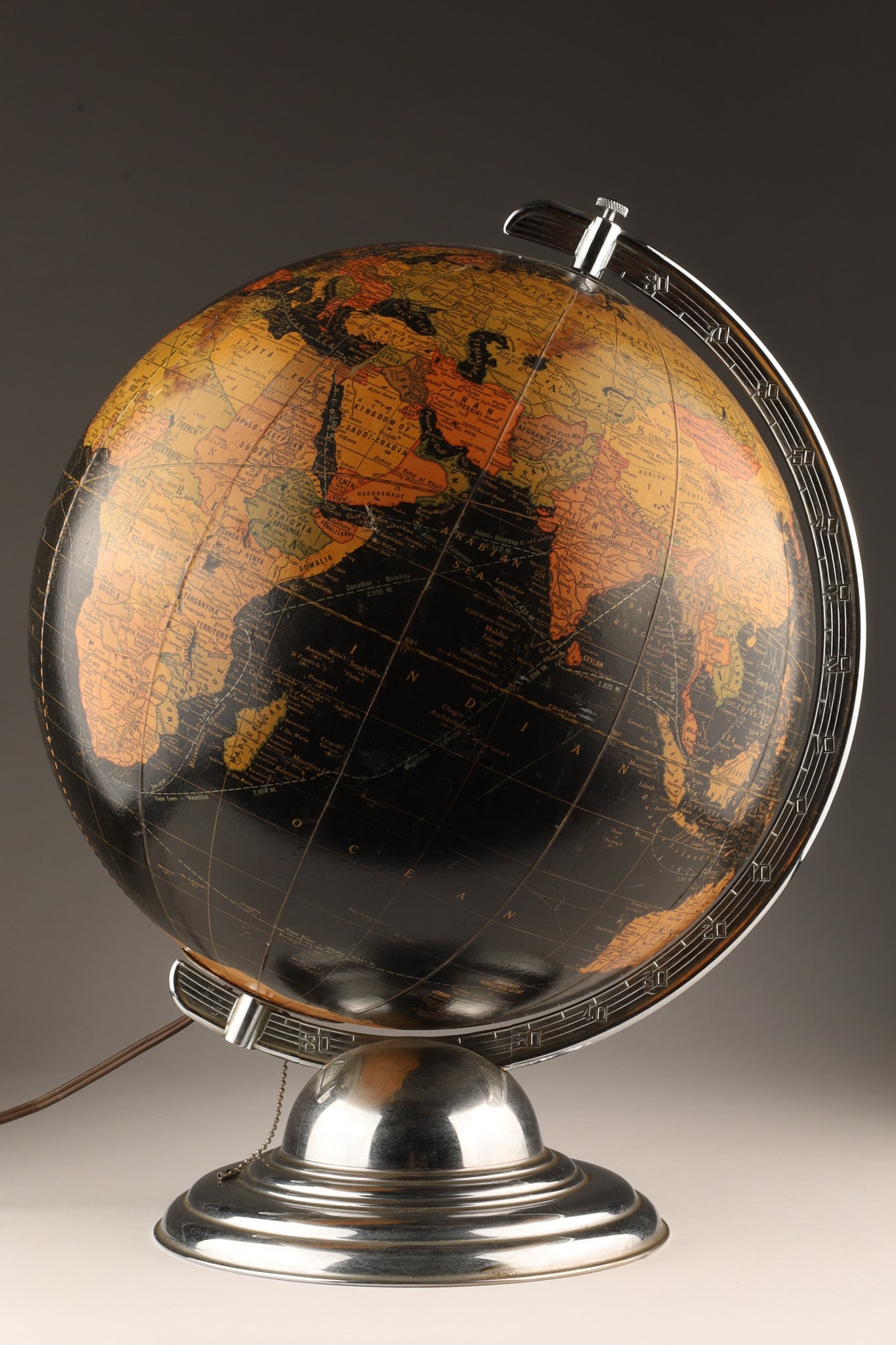 Terrestrial Black Globe Lamp George F Crams: Vintage Art Deco Terrestrial Black Globe Lamp George F Crams Indiana. 16 inches H, 12 inch globe.