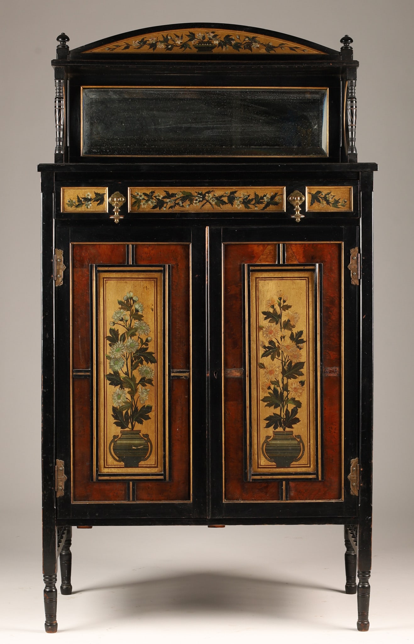 Aesthetic Movement Cabinet Hand Painted Panels: Antique C. 1880s Aesthetic Movement Ebonized and Burr Walnut Cabinet, Hand Painted Gilt Panels depicting floral arrangements. Measures 48.5 inches H x 26.5 W x 16 deep. Some repair to veneer, as shown