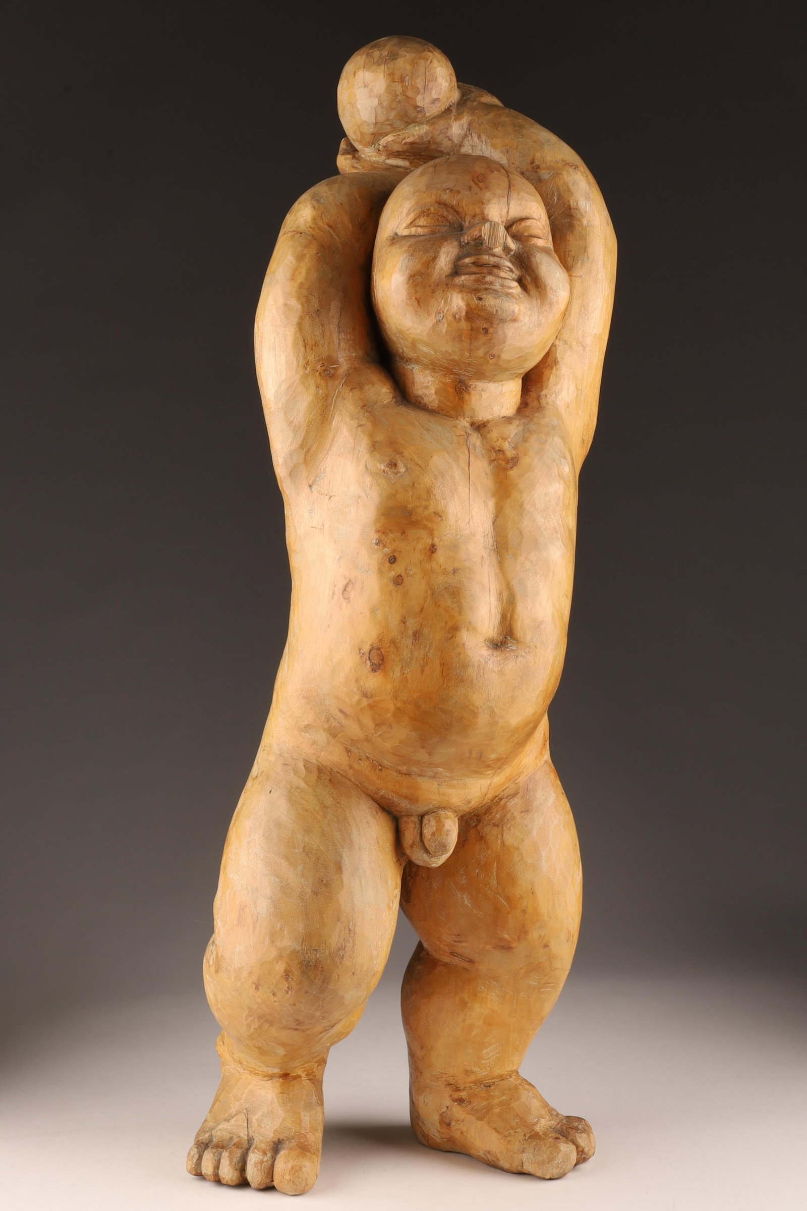 Stanley Lewis Folk Art Carved Figure Nude Child: Stanley Lewis (Canadian, 1930 - 2006) Folk Art Carved Figure of a Nude Child. Signed, inscribed and titled The Imp!. Inscribed on ankle, 1973 - Always with love / Happy Birthday kid / your / Stanley L