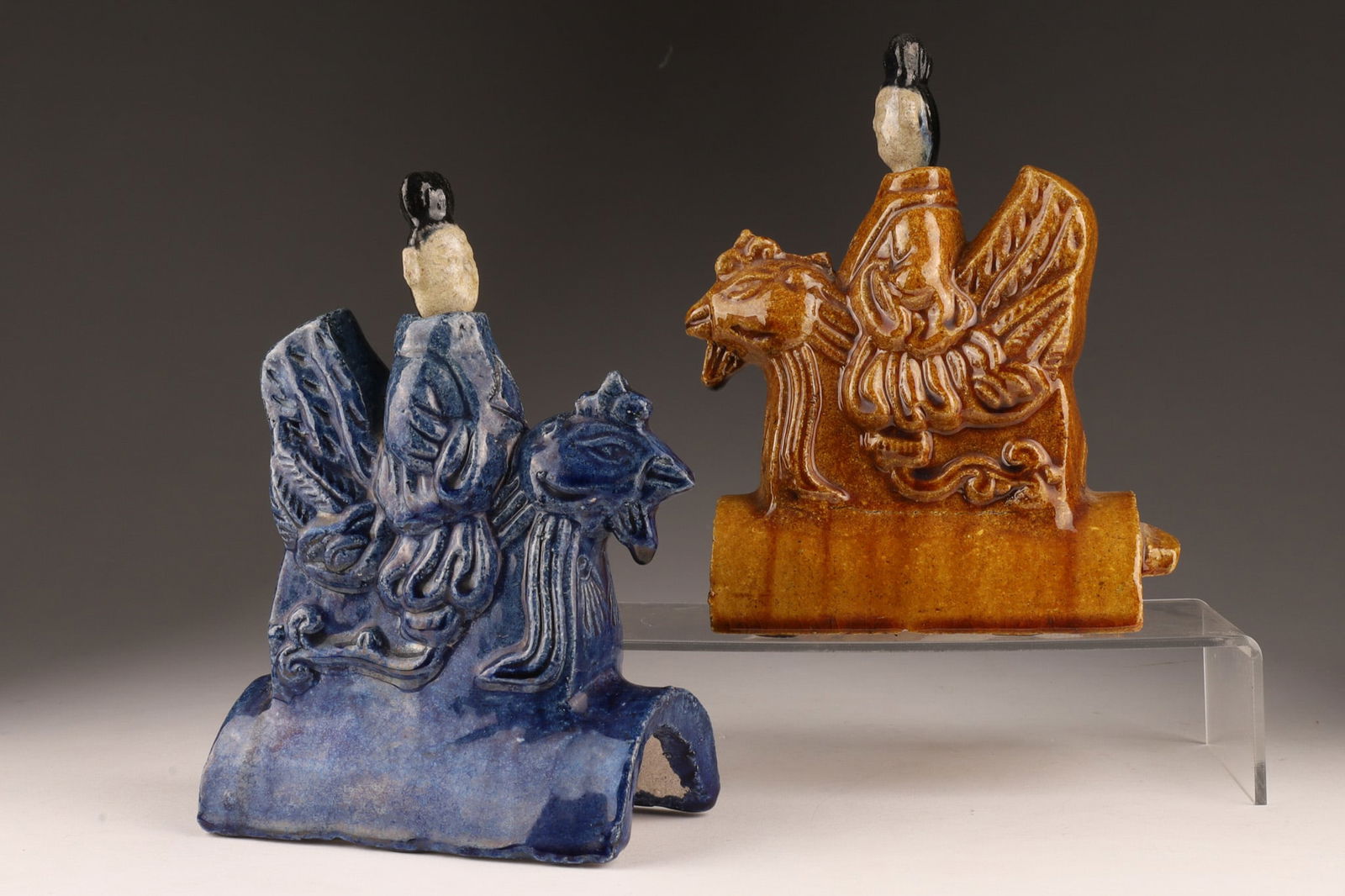 Pair Chinese Glazed Figure and Phoenix Roof Tiles (1 of 8)