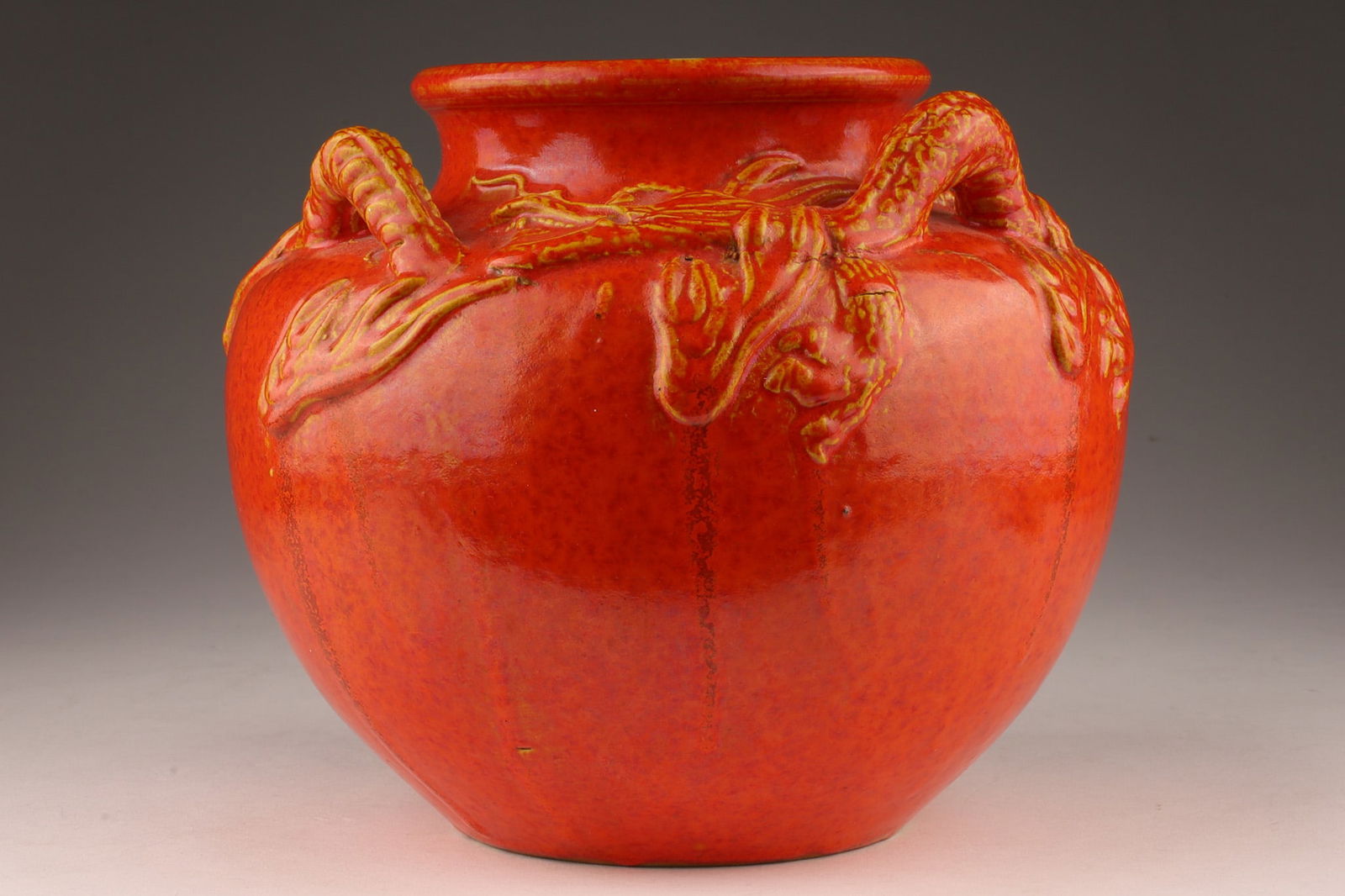 Japanese Orange Art Pottery Vase Coiling Dragon: Japanese Orange Art Pottery Vase Applied Coiling Dragon with yellow accents, green glazed interior. Measuring 6 inches H x 6.5 W.