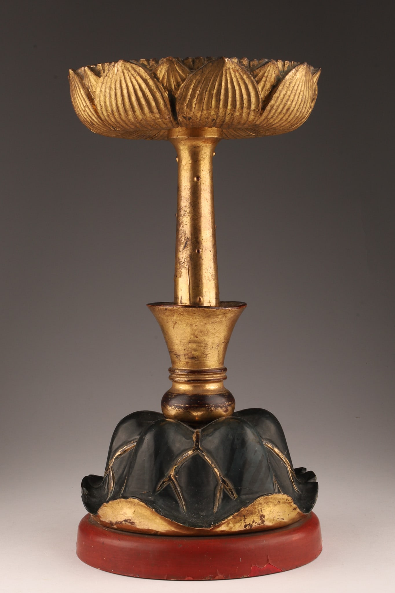 Antique Japanese Lacquered Lotus Offering Stand: Antique Japanese Lacquered Wood Lotus Buddhist Offering Stand in gilt red and black. Some restoration to base, as shown. 13.5 inches H x 6.5 W.