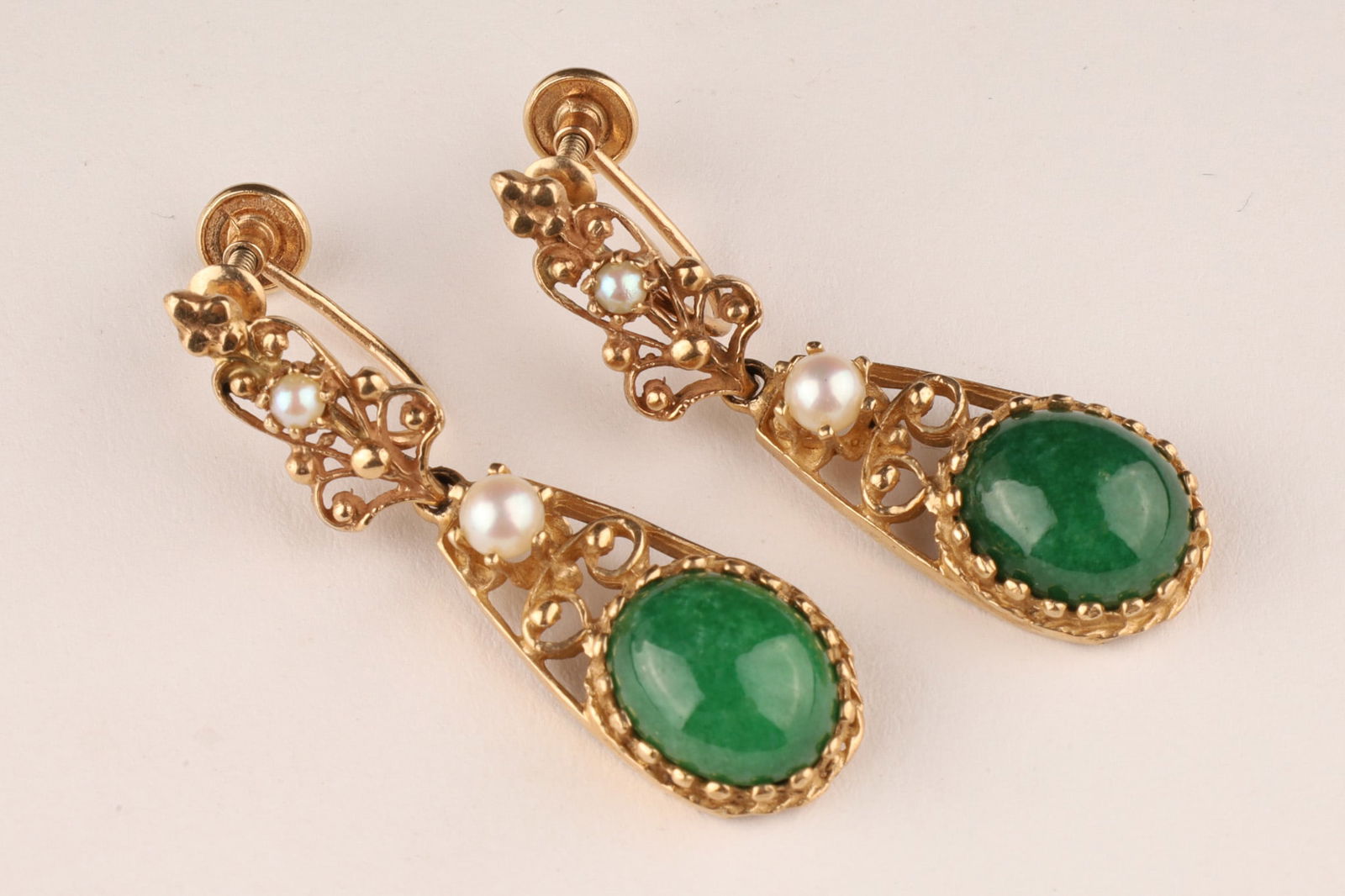 14K Yellow Gold Pearl and Green Jade Drop Earrings (1 of 6)