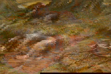 John Murray Thomson Oil Painting of Two Dogs: John Murray Thomson (Scotland, 1885 - 1974) Oil Painting of Two Dogs in a Country Landscape, titled Having a Rest. Canvas measures 26 inches H x W 38, Framed measures 30 inches x 42.