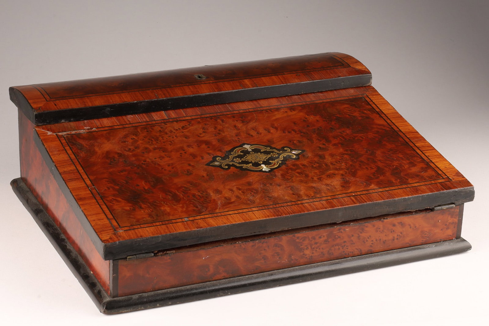 Antique English Burl Walnut Inlaid Writing Slope: Antique 19th C English Burl Walnut and Mother of Pearl Inlaid Monogrammed Writing Slope. With string inlay and red, velvet baize. 4 inches H x 12.5 W x 10 deep, 17 inches open.