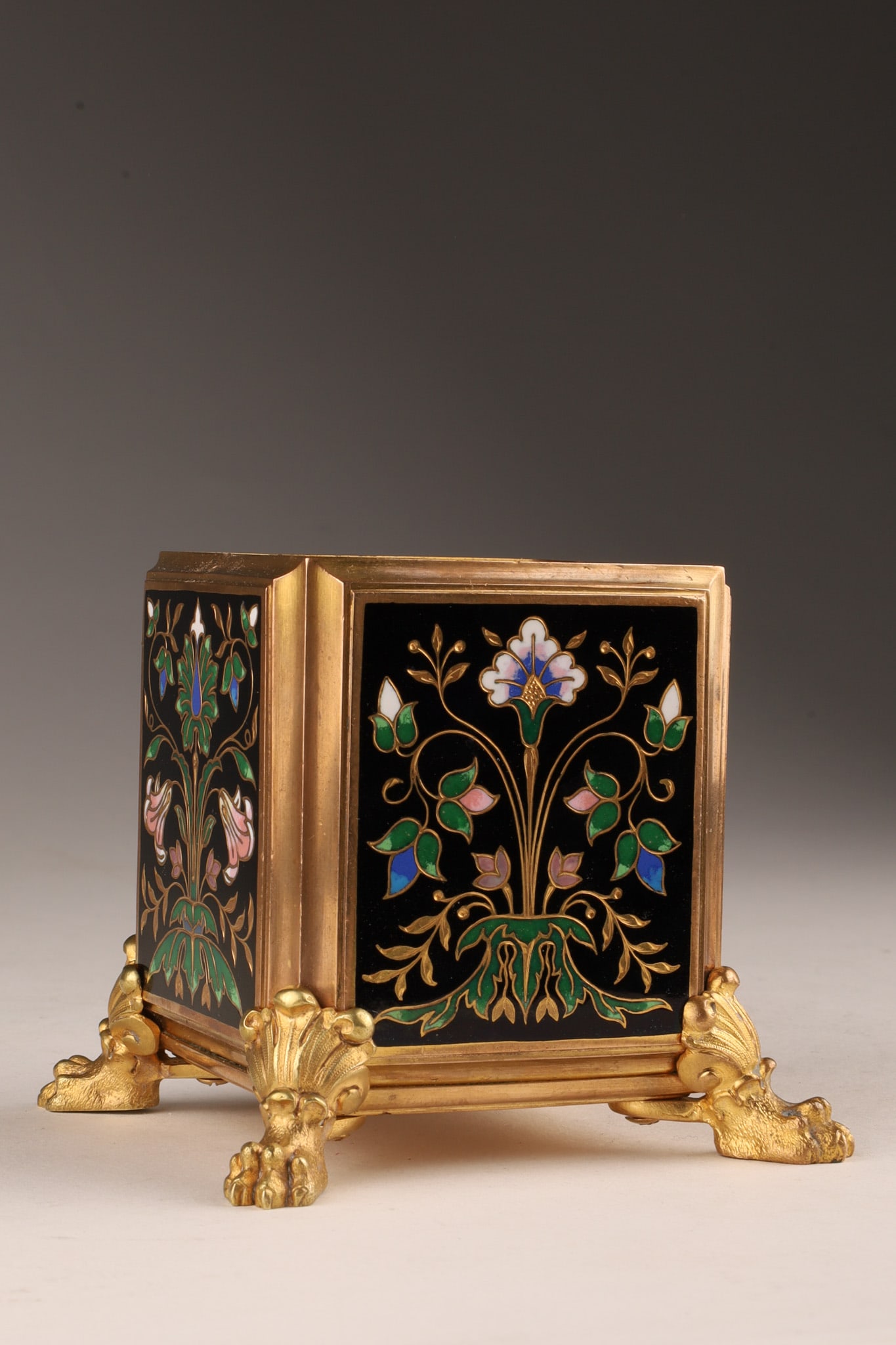 Antique French Barbedienne Style Brass Box: Antique French Barbedienne Style Gilt Brass Caisette Box with enamel flowers on lion paws. 3 inches H x 3 W x 3 deep.