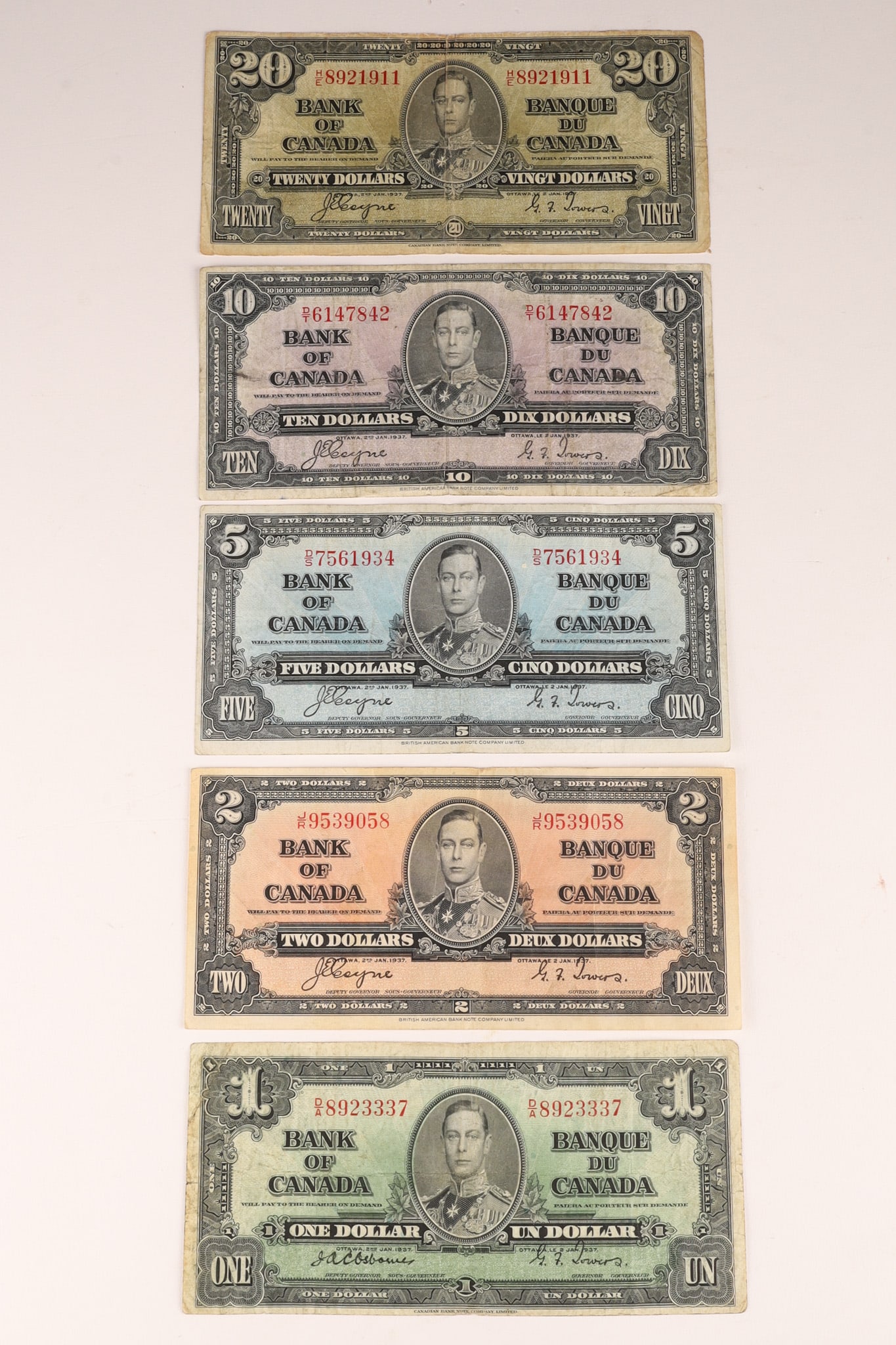 1937 Canada 1 2 5 10 20 Dollar Banknote Set (1 of 10)