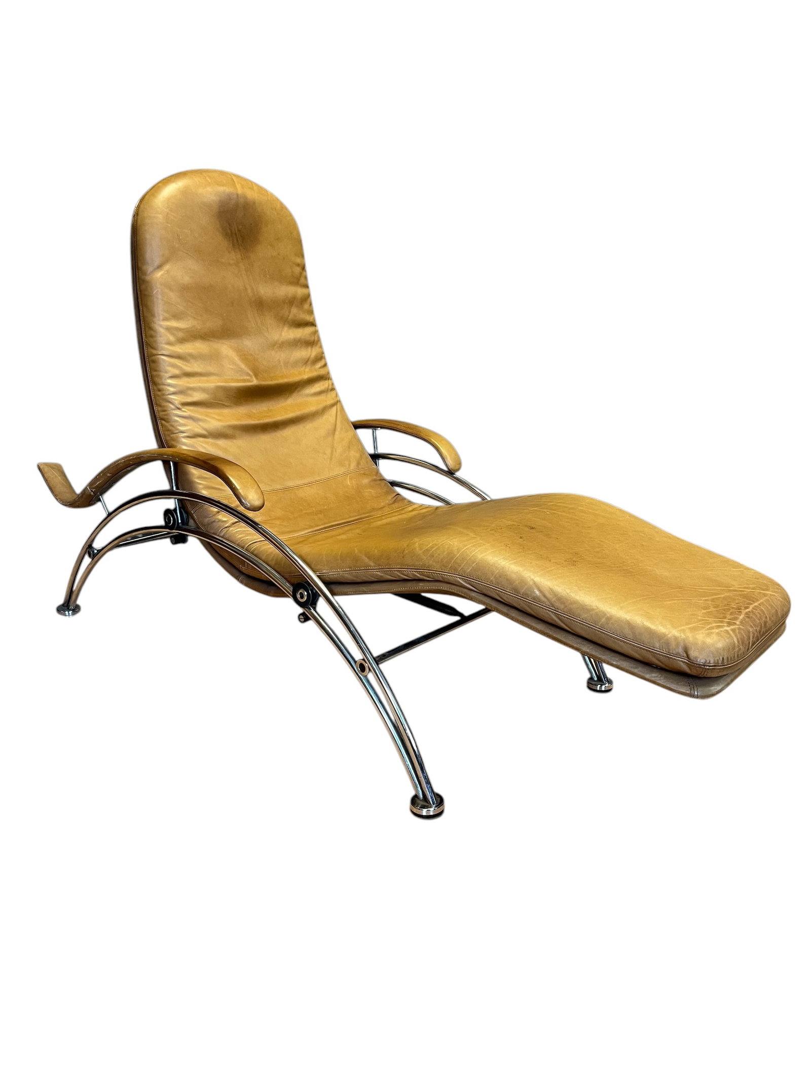 1970s MCM Chrome and Leather Lounge Chair: 1970s MCM Chrome and Leather Reclining Lounge Chair Chaise Longue. 66inches x 42inches x 28inches