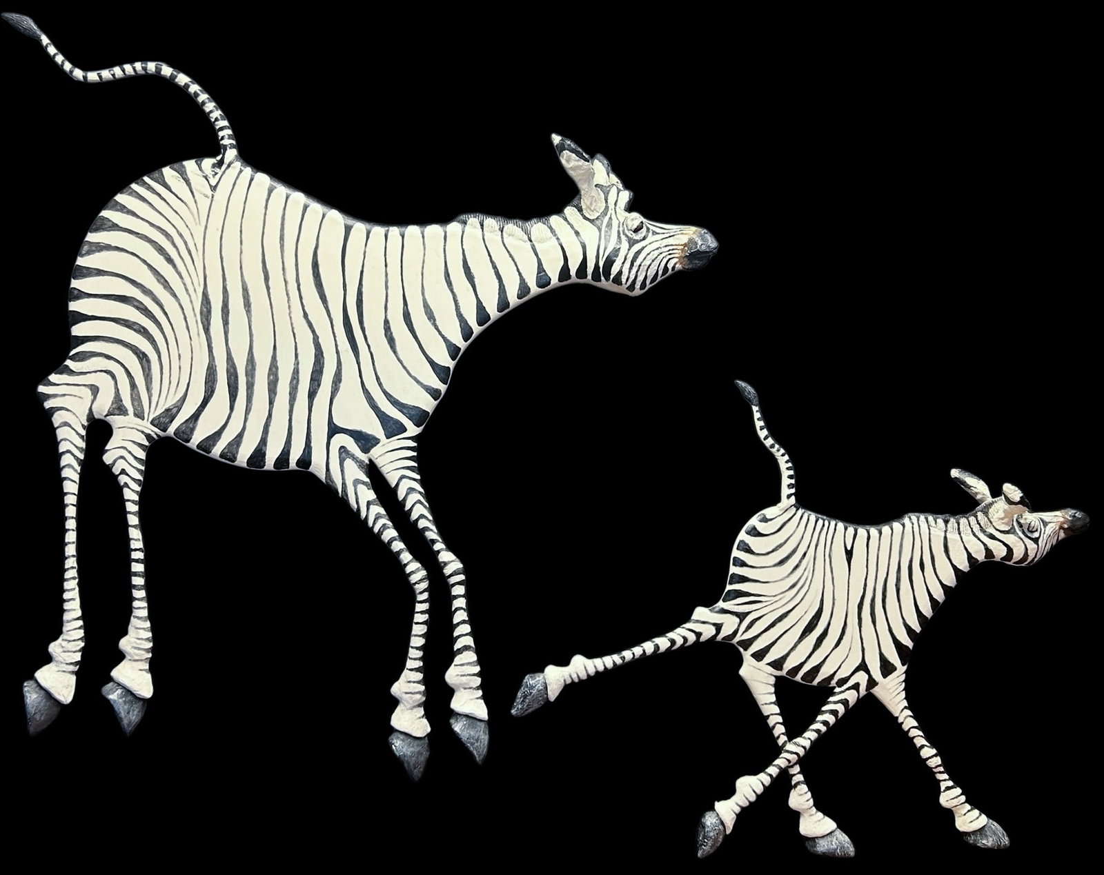 Todd Warner (American, 1945-2022): Todd Warner (American, 1945-2022) Zebras mixed media sculpture. Wood, metal and plaster. Signed and dates 1990. Large: 64" x 58" Small: 40" x 47"