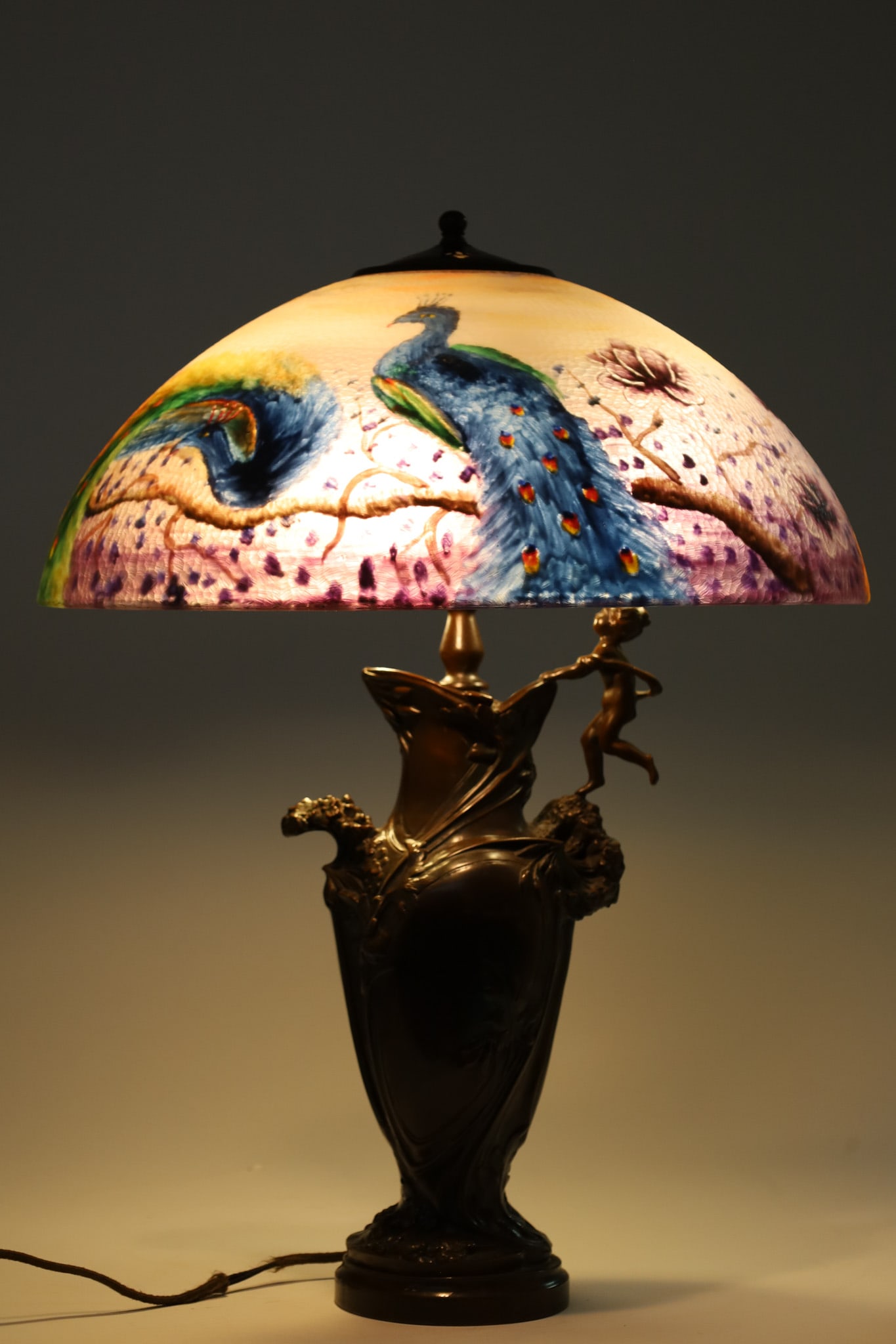Art Nouveau Reverse Painted Peacock Lamp (1 of 18)