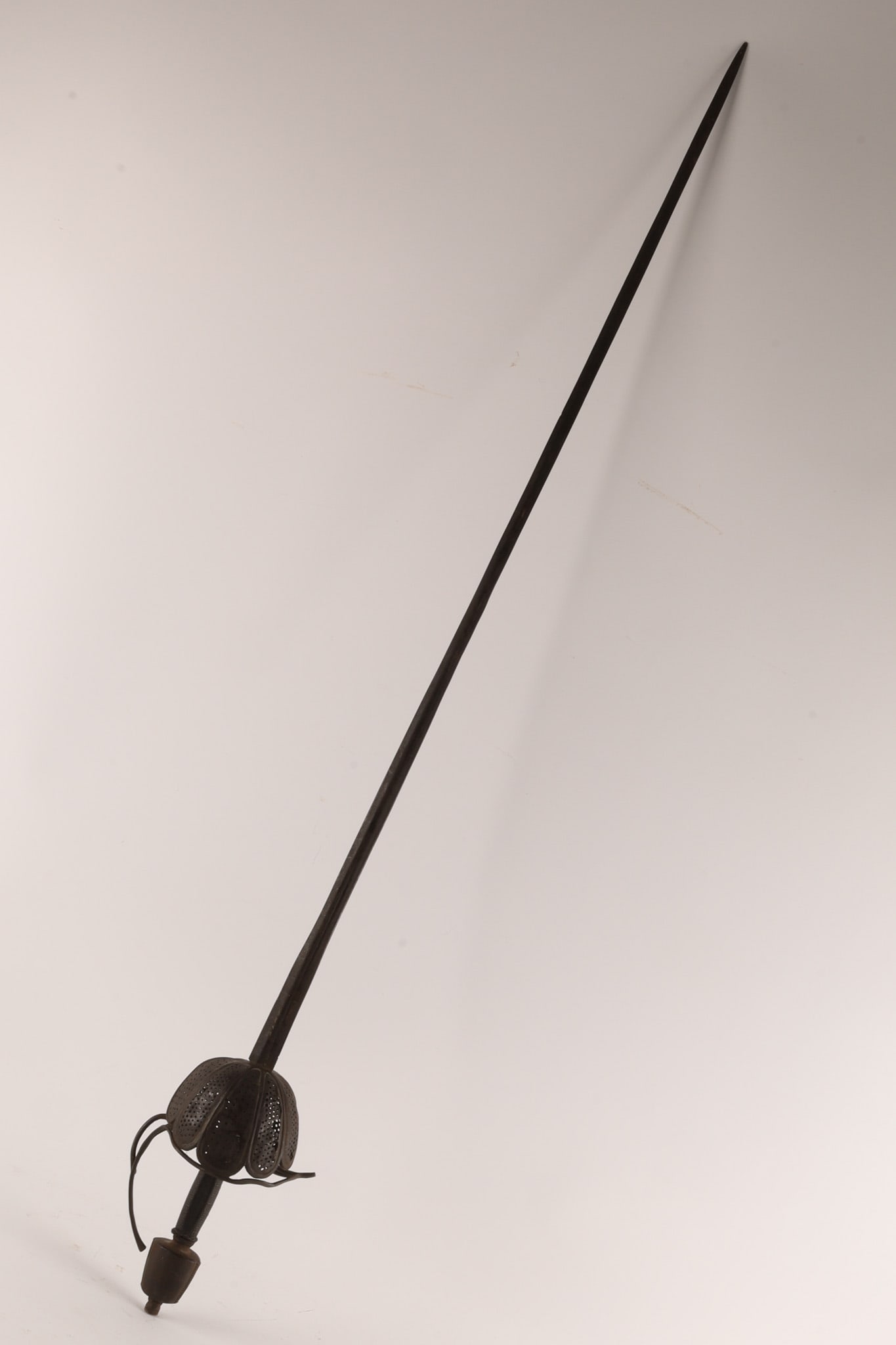 Antique Spanish or Italian Pierced Cup Hilt Rapier: Antique Spanish or Italian Pierced cup hilt rapier, Straight quillion, bar guard, and wrapped handle. 53 inches L.