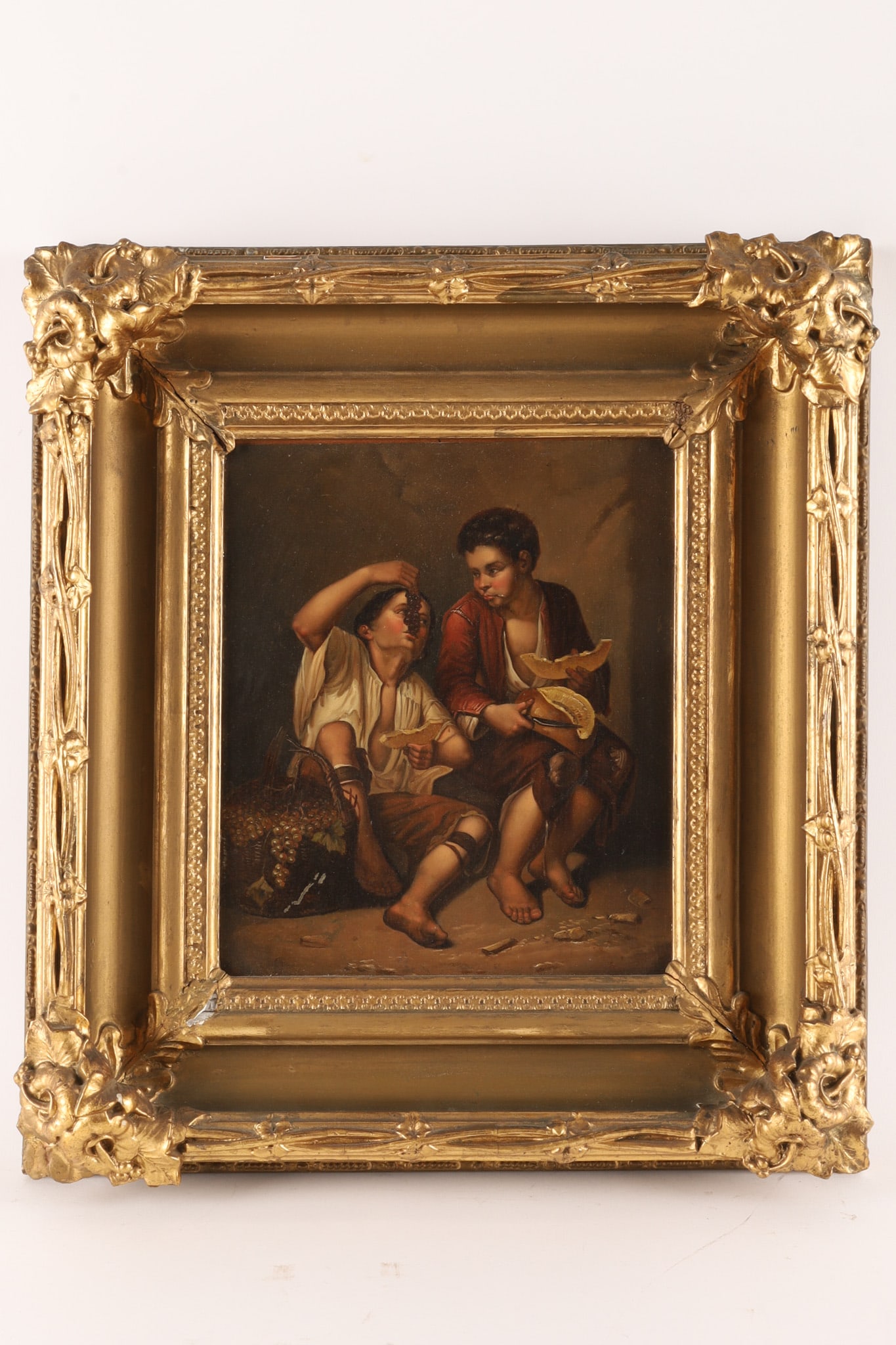 After Murillo Children Eating Grapes and a Melon: After Bartolome Esteban Murillo (1645-1650) Museum Copy of Children Eating Grapes and a Melon. Finely painted, oil on metal, measures 10.5 inches H x 9 W, frame measures 15 inches W x 16.5 H.