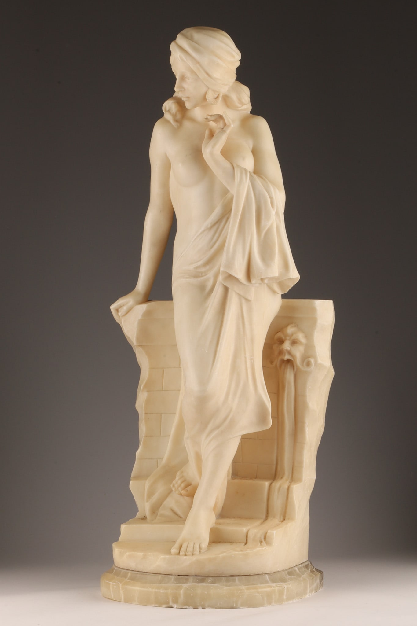 After Emilio Fiaschi Large Alabaster Female Nude: After Emilio Fiaschi (Italy, 1858-1941) large hand carved in alabaster neoclassical female nude, circa late 19th - early 20th century. 26 inches H x 8 W x 8 deep.