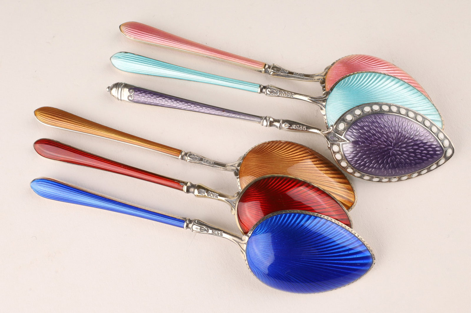 6 Scandinavian Sterling and Guilloche Spoons: Collection of 6 Scandinavian Sterling Silver and Guilloche Enamel Demi Tasse Tea Spoons. 4 inches L.