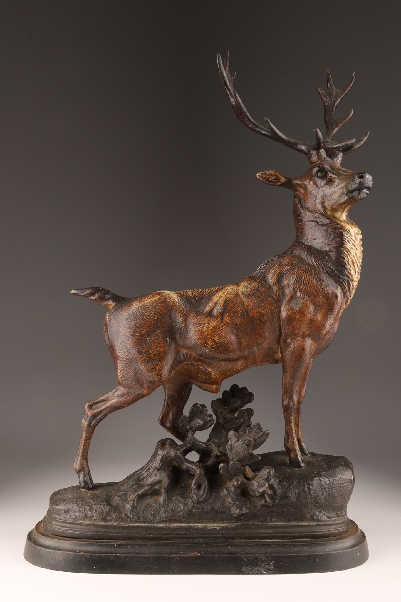 Art Deco Metal Painted Standing Stag Deer Figure: Art Deco Metal Painted Standing Stag Deer Figure. Some small areas of loss to paint on body. 19 inches H x 11 x 4.5 inches.