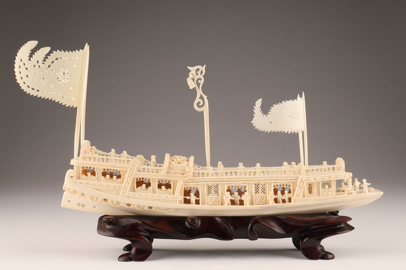 Carved Chinese Junk Ship on Wood Stand (1 of 5)