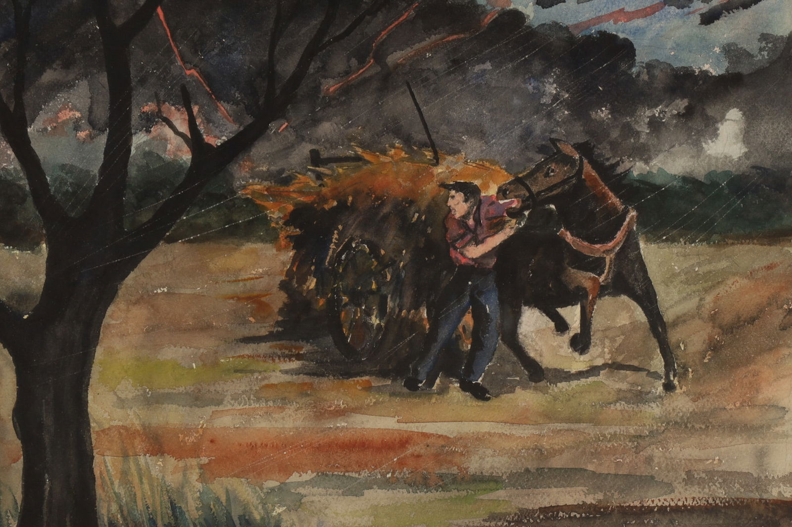Fernand Auger Watercolour Farmer in Storm (1 of 6)