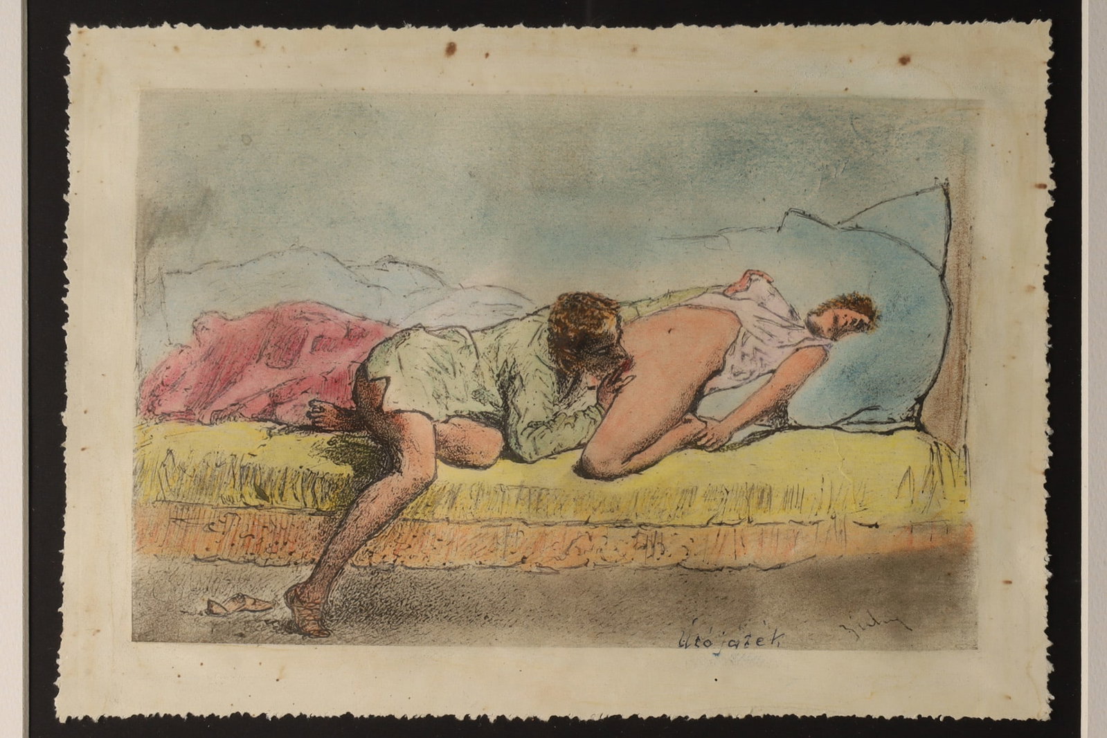 Mihaly Von Zichy (Hungarian 1827-1906) Lithograph: Mihaly Von Zichy (Hungarian, 1827-1906) Erotic Coloured Lithograph from Liebe Series. Measures approximately 5.25 inches H x 7.75 W, frame measures 15 x 18 inches. Signed in plate, ink along margin.