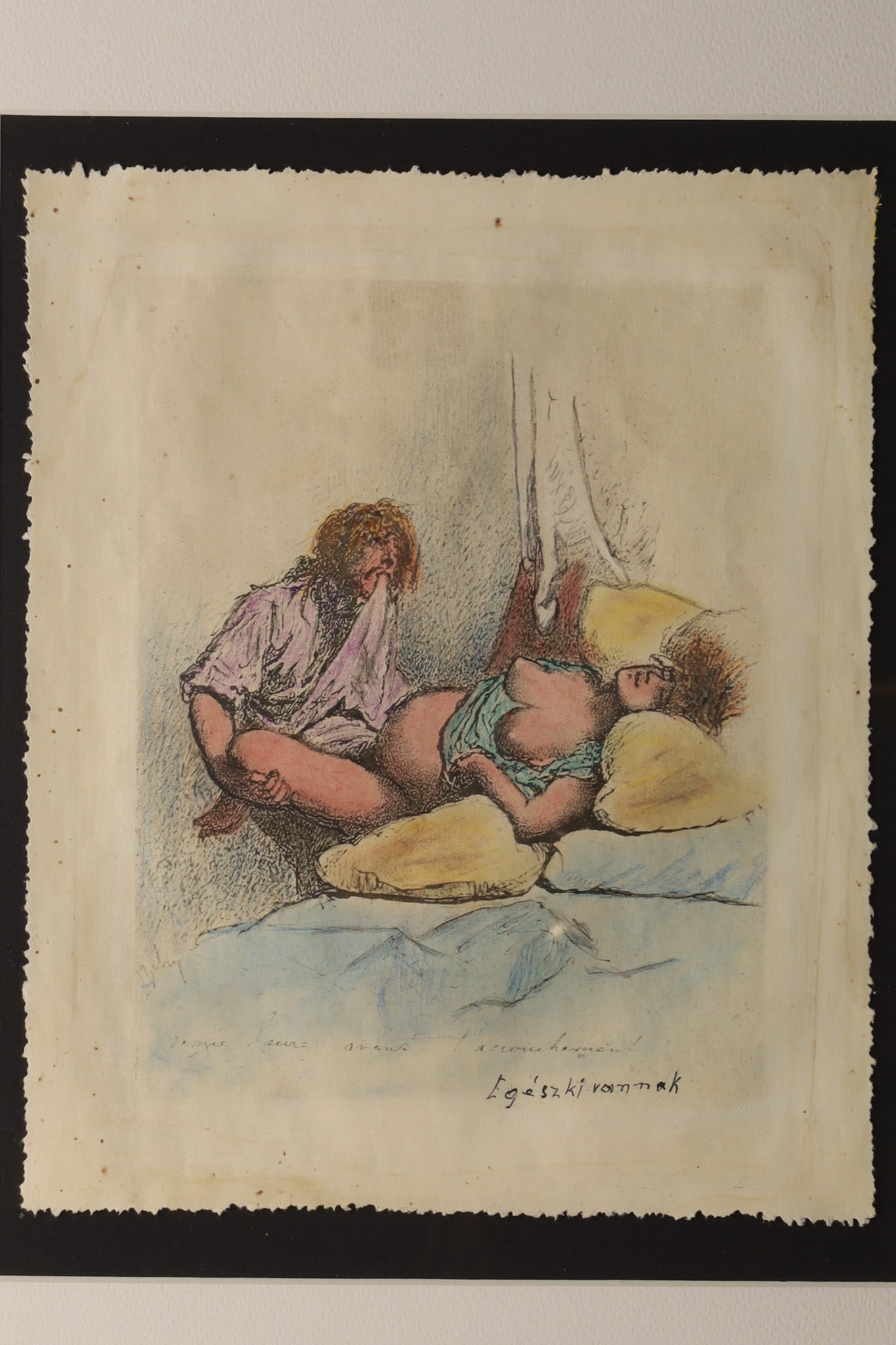 Mihaly Von Zichy (Hungarian, 1827-1906) Lithograph: Mihaly Von Zichy (Hungarian, 1827-1906) Erotic Coloured Lithograph from Liebe Series. Measures approximately 8.5 inches H x 7 W, frame measures 15 x 18 inches. Signed in plate, ink along margin.