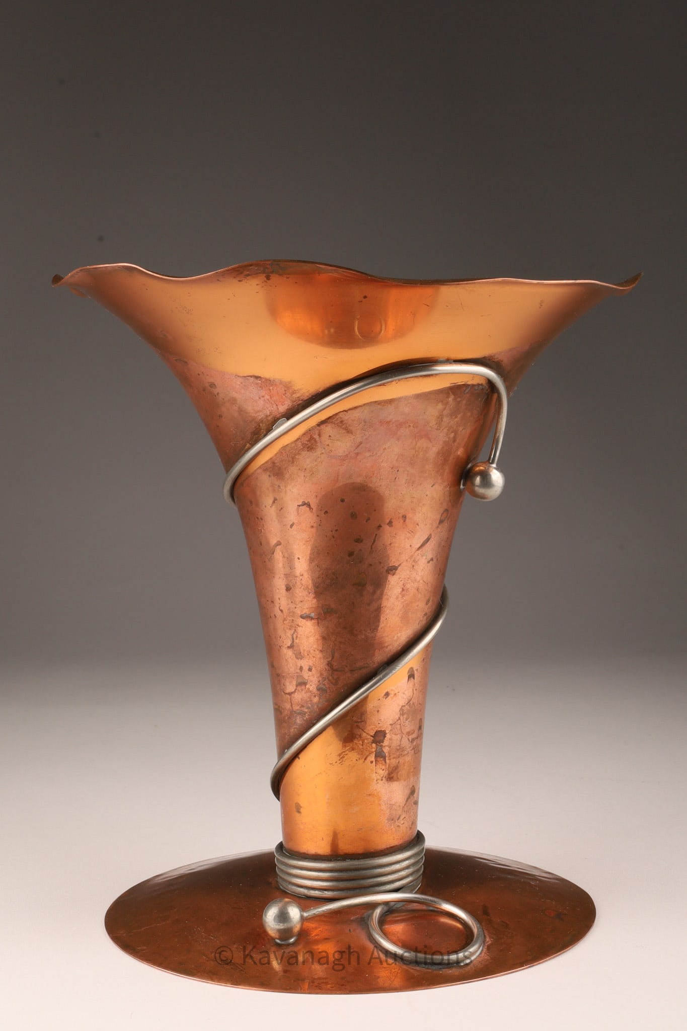 Antique Flemish Copper B.P. Co. Art Deco Vase: Antique Flemish Copper B.P. Co. Art Deco Vase. 8 inches H x 7 W. Marked on base.