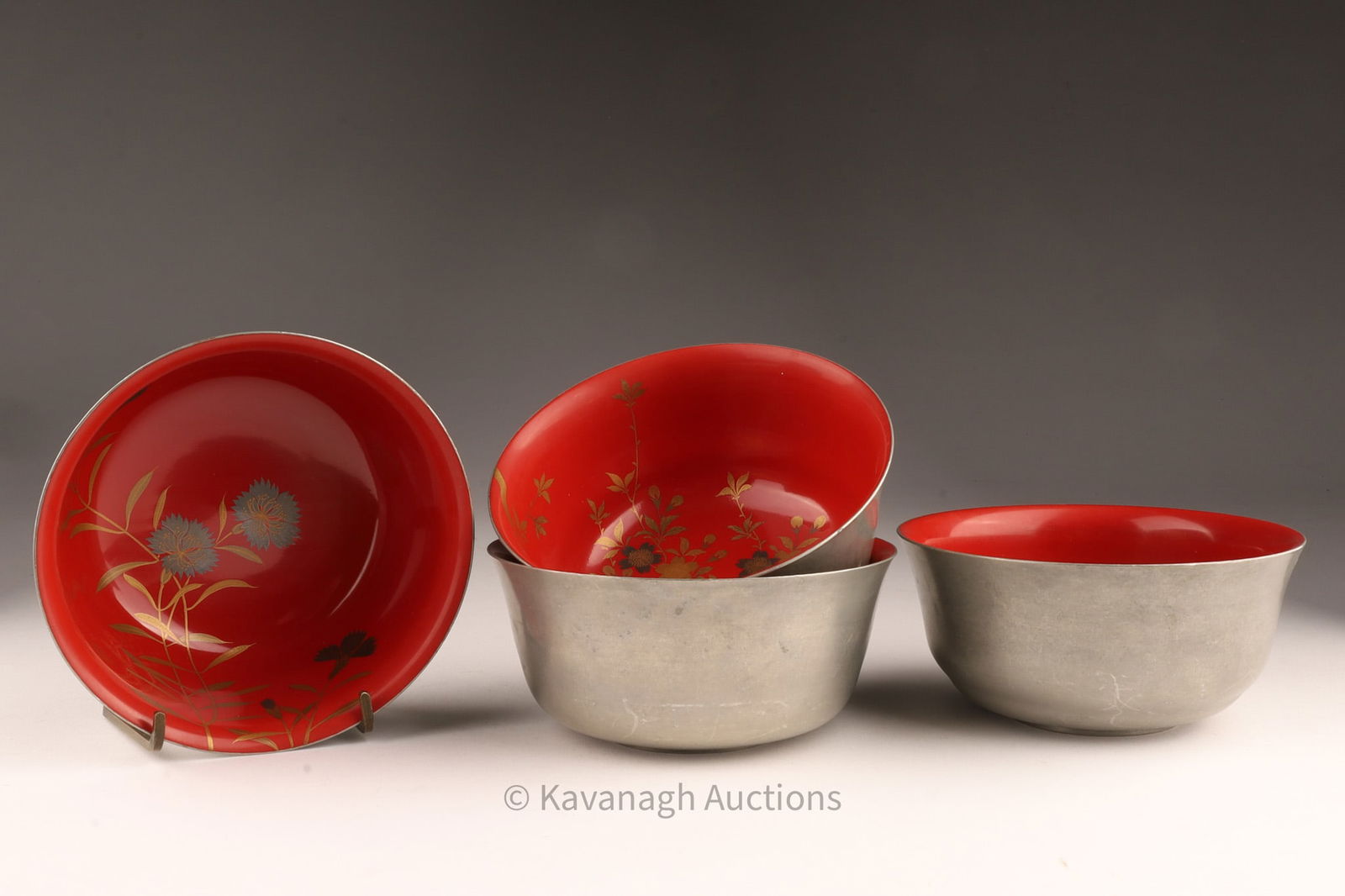 Set of 4 Japanese Yamanaka Finger Bowls: Set of 4 Japanese Yamanaka Pewter and Lacquerware Finger Bowls. 4.5 inches W x 2 H.