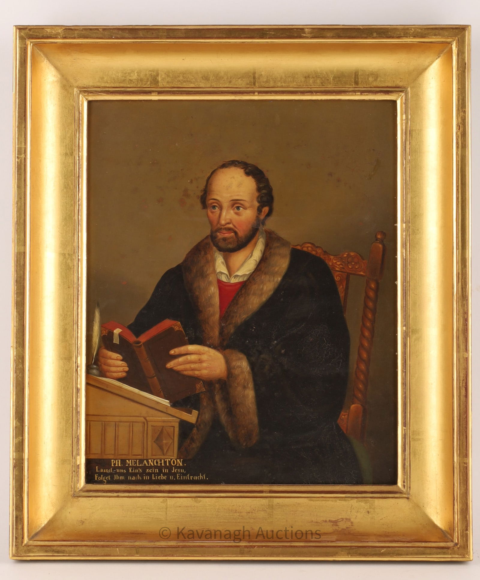 Manner Lucas Cranach the Younger Portrait: Manner of Lucas Cranach the Younger (German, 1515 - 1586) Oil on Tin Old Master Portrait of Philipp Melanchton seated at a lectern. stamped on the back Atelier Rechsteiner Framer and Gilder, Interlake