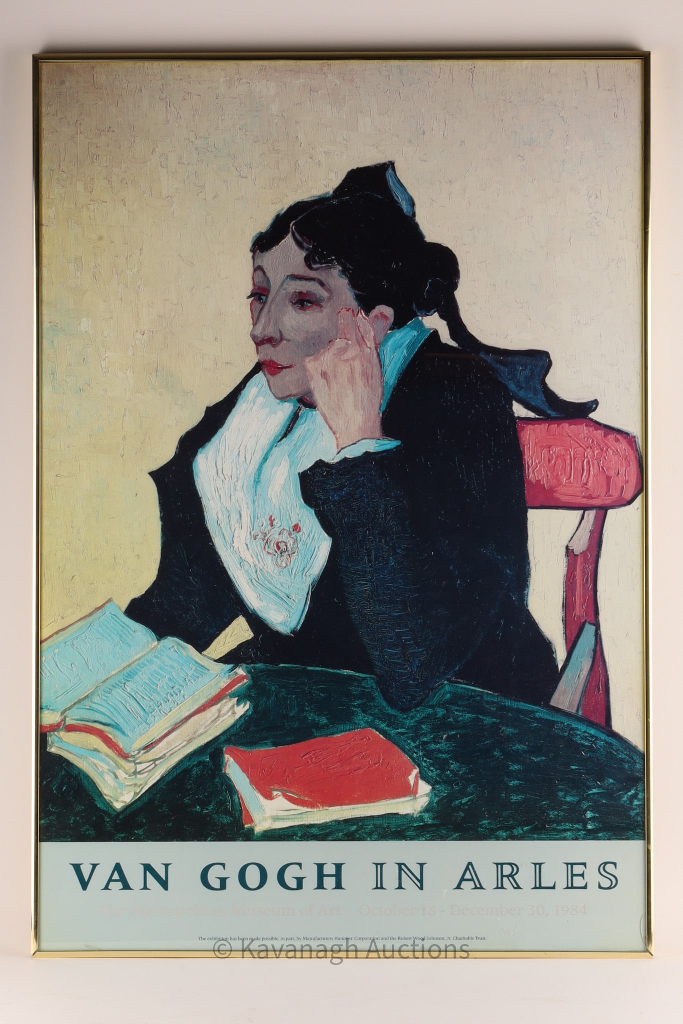 Vincent Van Gogh in Arles Exhibition Poster MMA: Vincent Van Gogh in Arles Exhibition Poster Metropolitan Museum of Arts October 18 - December 30, 1984. In brass coloured frame, measures 35 x 24 inches. Small chip to glass in lower right corner.