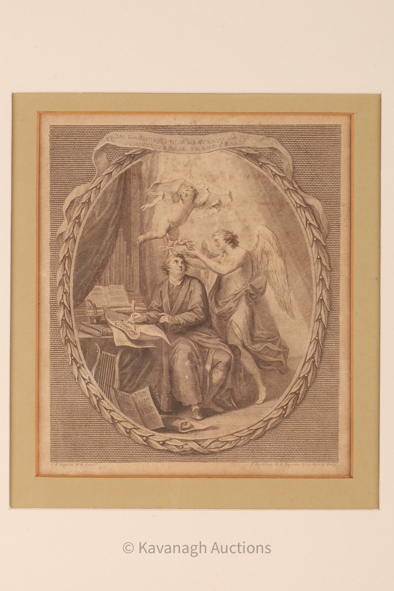 Bartolozzi Engraving George Frederic Handel: Bartolozzi Engraving George Frederic Handel, after Giovanni Battista Cipriani. Engraving by Francesco Bartolozzi. Titled in banner above image, From Harmony, From Heavenly Harmony, this Universal Fram