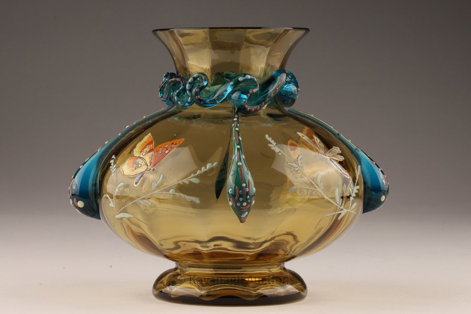 Auguste Jean (1830-1890) Enamel Art Glass Vase: Auguste Jean (French 1830-1890) Enamel Art Glass Vase. Decorated with enamel butterflies and dragonflies, applied glass snakes. One snake is missing it's tail. 5 inches H x 5 W.